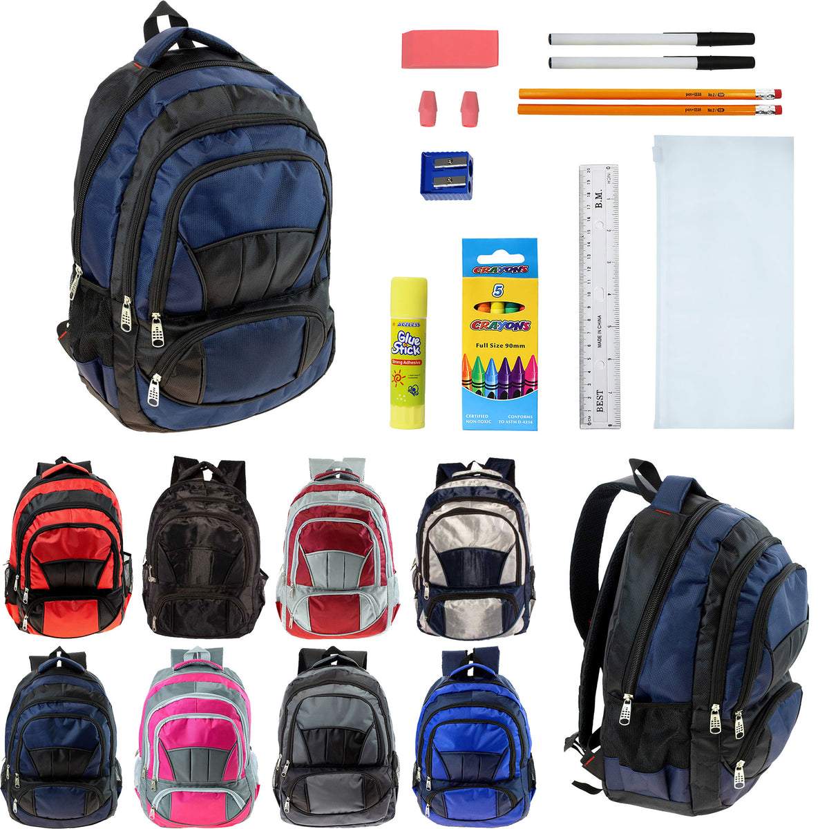 12 Wholesale 19" Premium Quality Backpacks w/4 Storage Compartments & 12 Bulk School Supply Kits of Your Choice