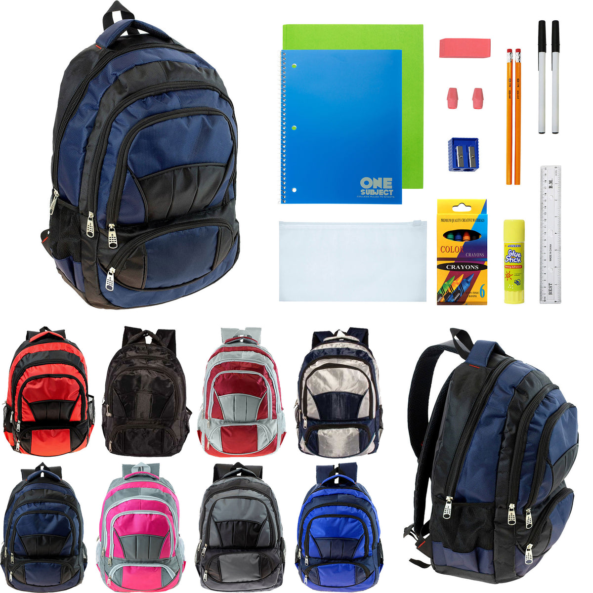 12 Wholesale 19" Premium Quality Backpacks w/4 Storage Compartments & 12 Bulk School Supply Kits of Your Choice