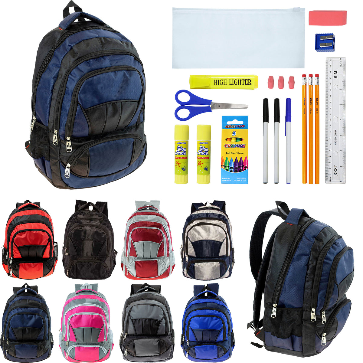 12 Wholesale 19" Premium Quality Backpacks w/4 Storage Compartments & 12 Bulk School Supply Kits of Your Choice