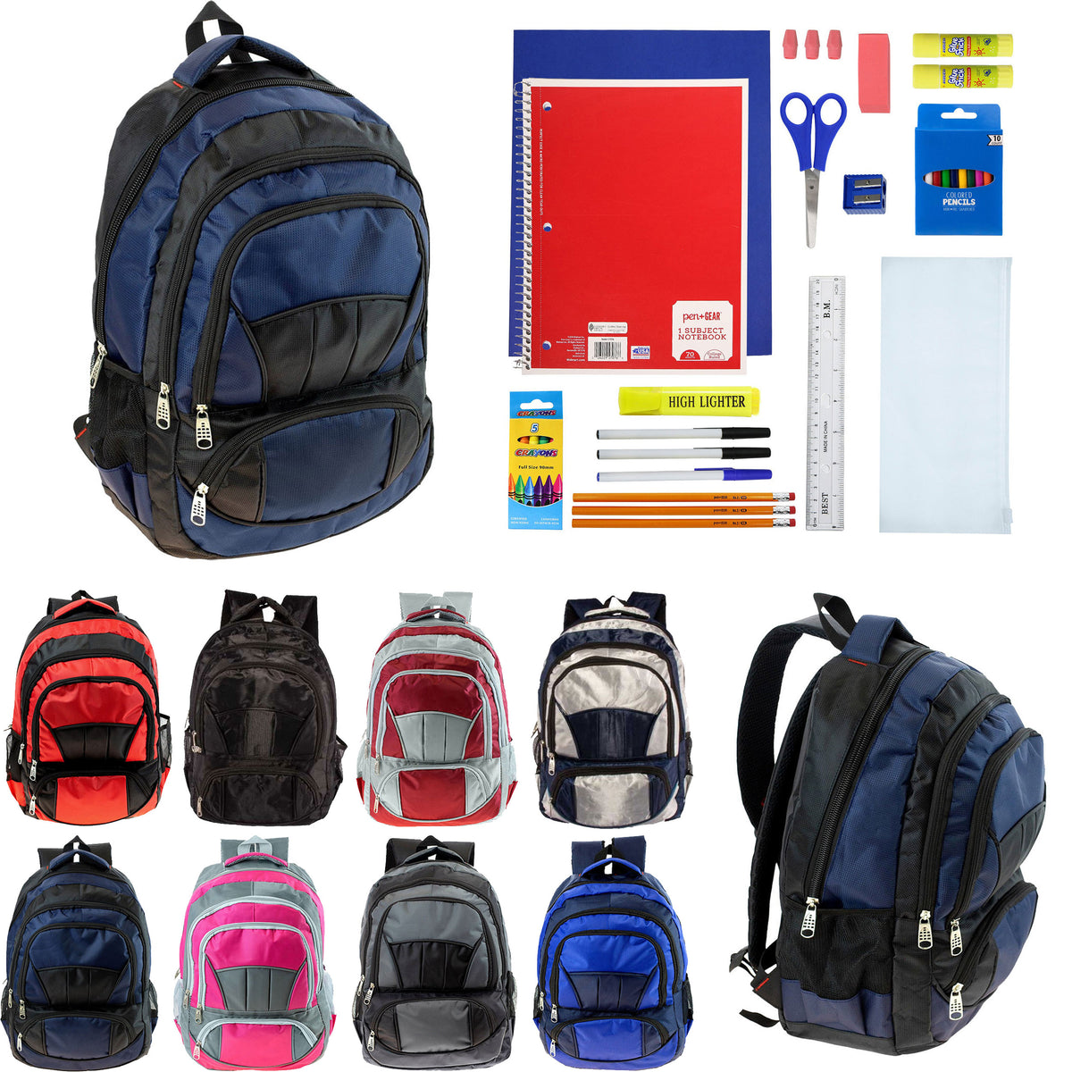 12 Wholesale 19" Premium Quality Backpacks w/4 Storage Compartments & 12 Bulk School Supply Kits of Your Choice