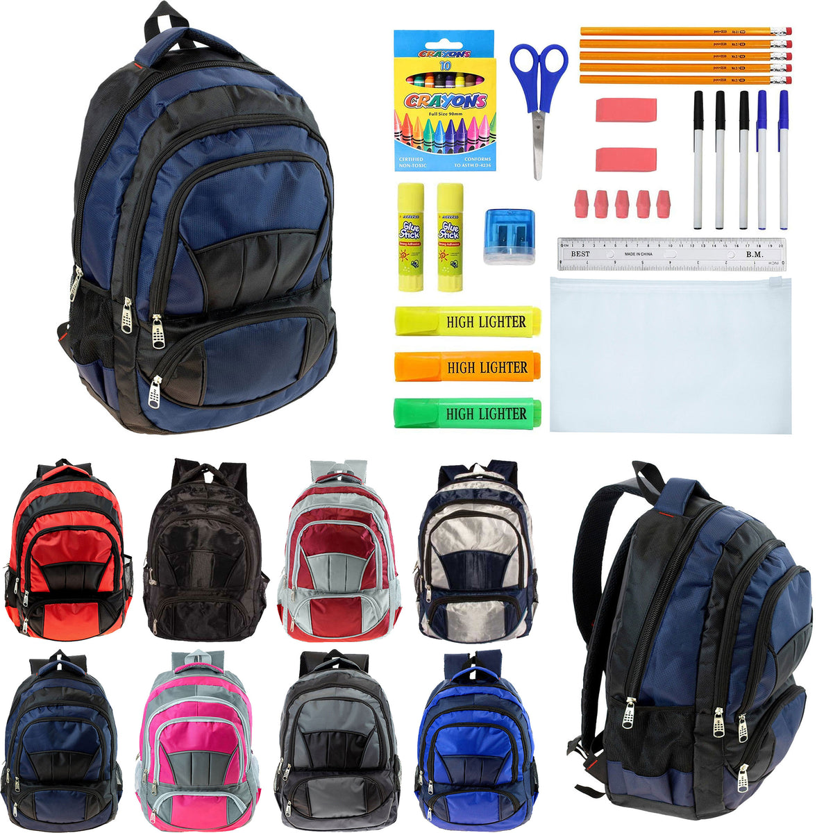 12 Wholesale 19" Premium Quality Backpacks w/4 Storage Compartments & 12 Bulk School Supply Kits of Your Choice