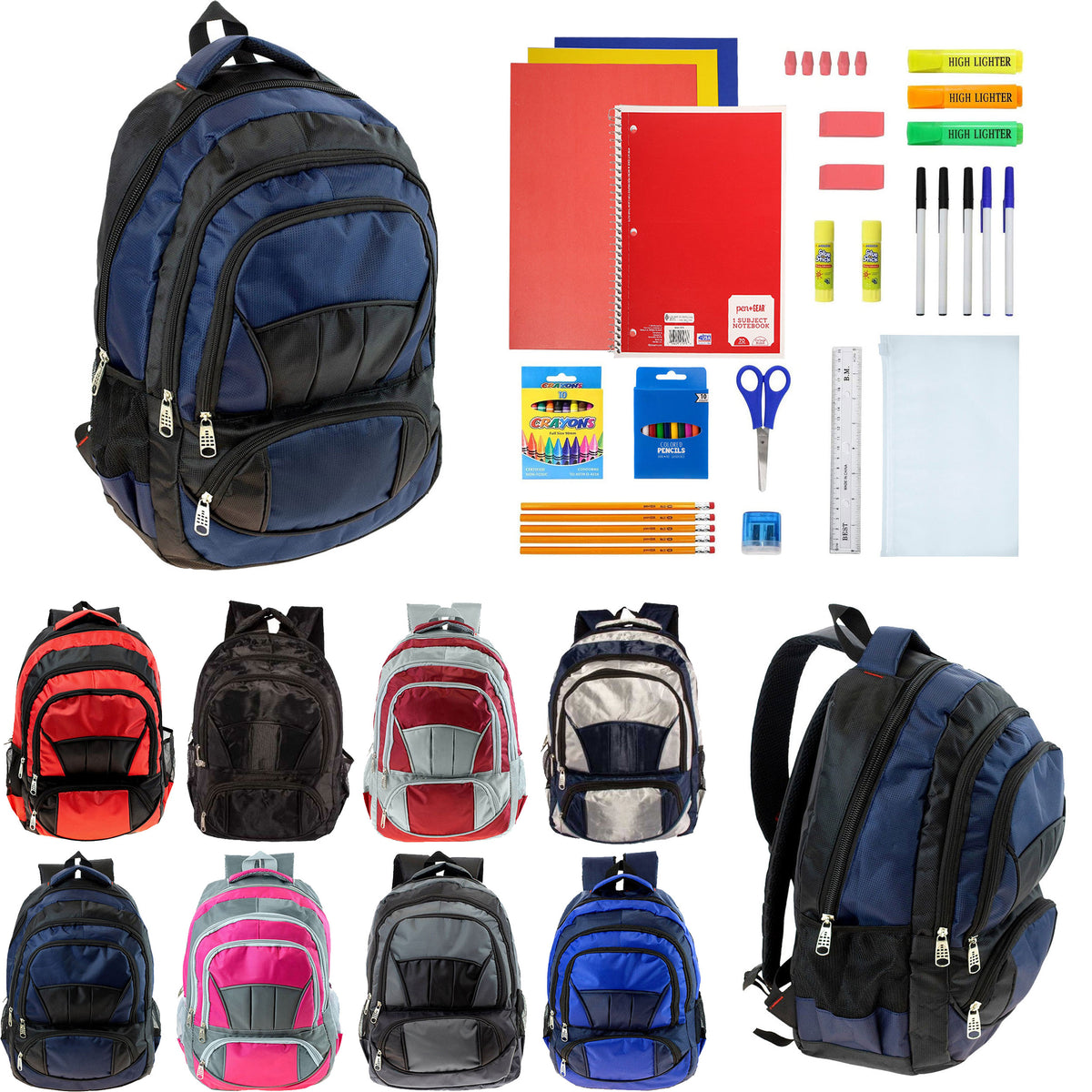 12 Wholesale 19" Premium Quality Backpacks w/4 Storage Compartments & 12 Bulk School Supply Kits of Your Choice