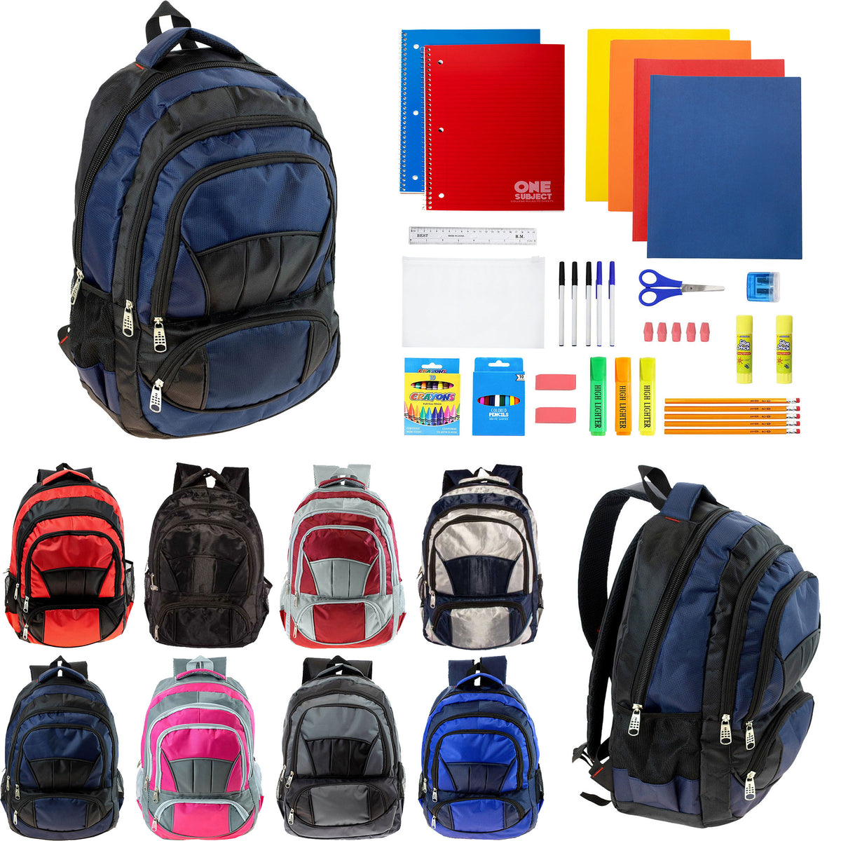 12 Wholesale 19" Premium Quality Backpacks w/4 Storage Compartments & 12 Bulk School Supply Kits of Your Choice