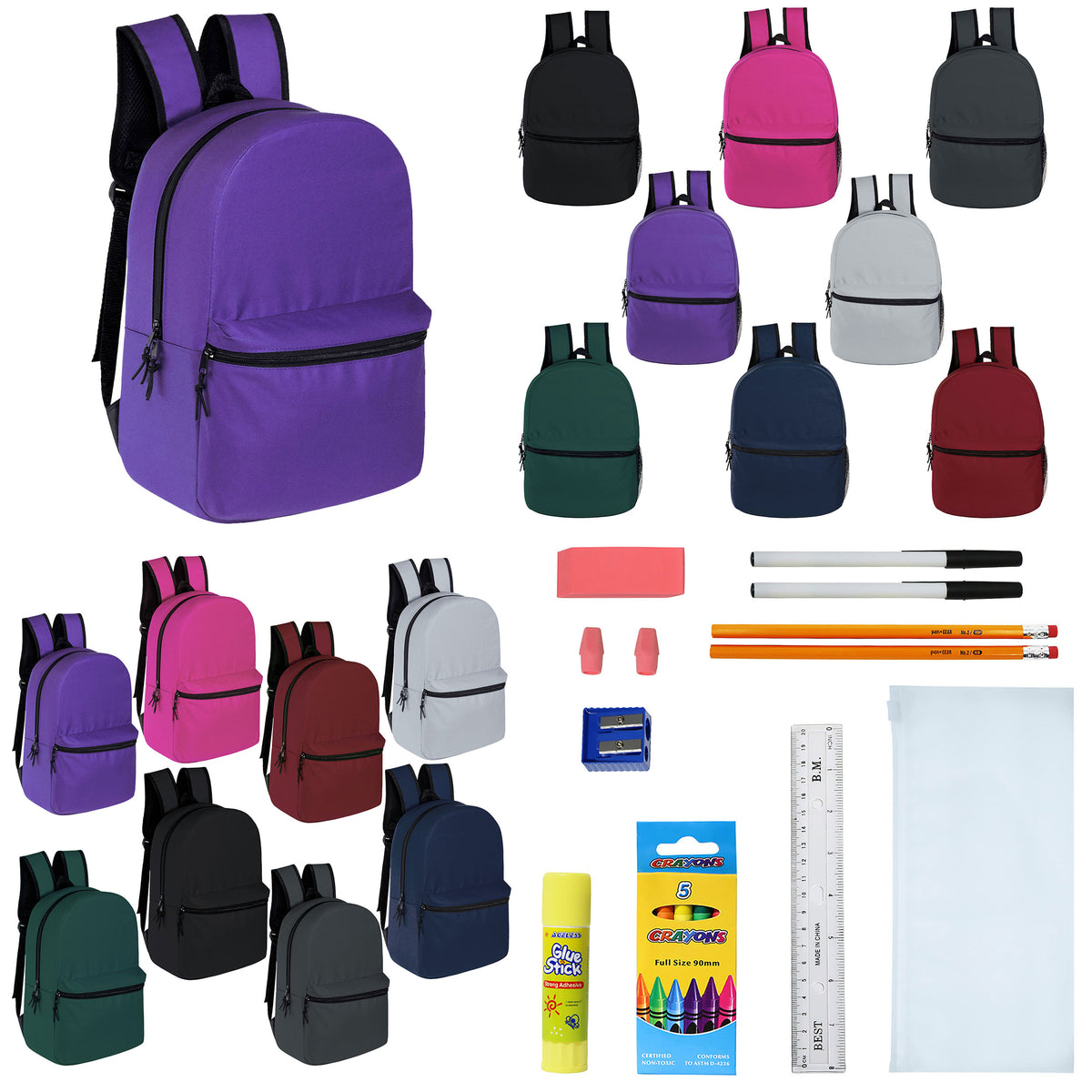 12 Wholesale 15" Backpacks in 8 Assorted Colors and 12 Bulk School Supply Kits of Your Choice
