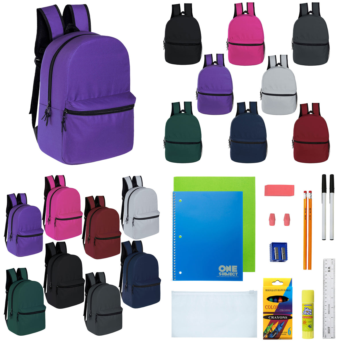 12 Wholesale 15" Backpacks in 8 Assorted Colors and 12 Bulk School Supply Kits of Your Choice