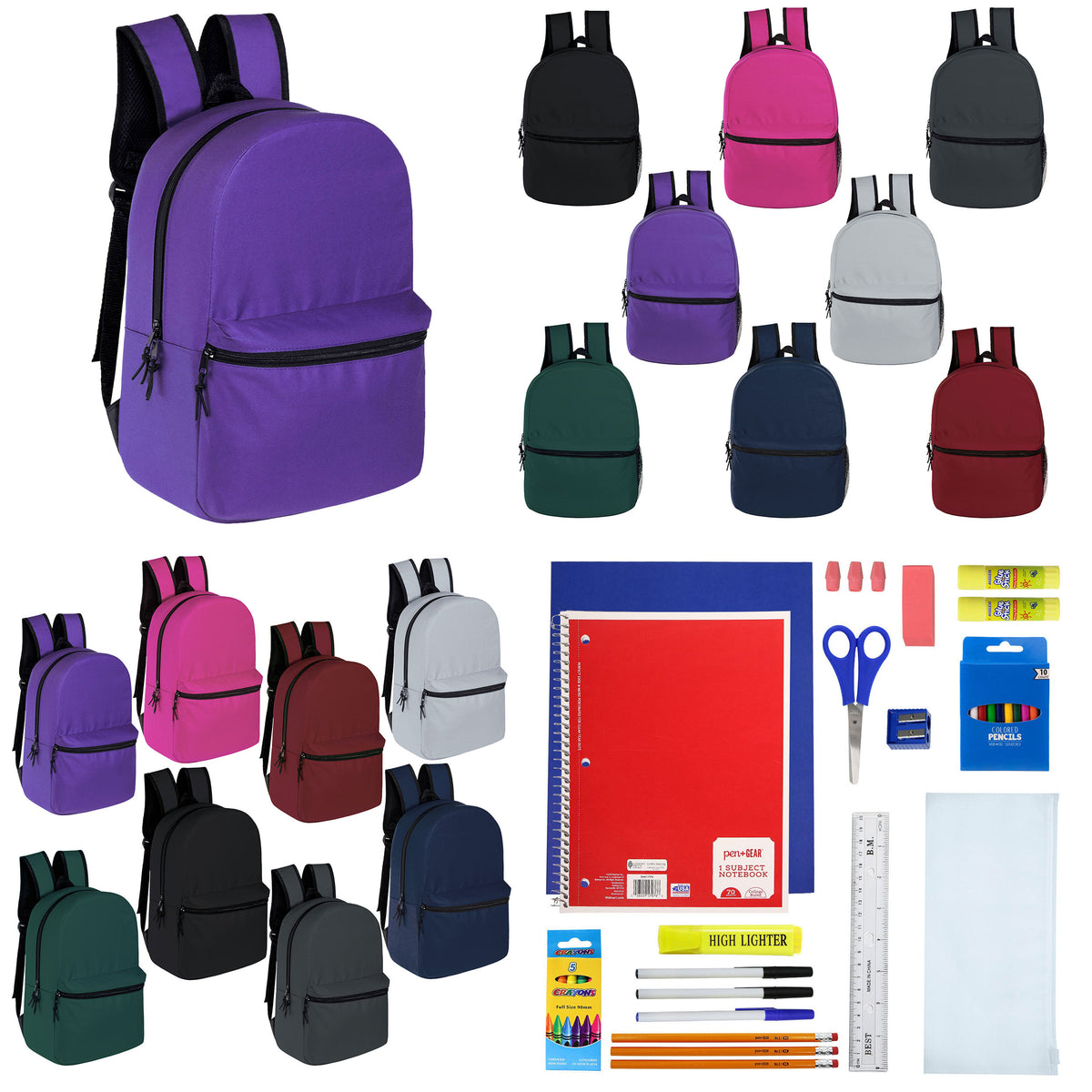 12 Wholesale 15" Backpacks in 8 Assorted Colors and 12 Bulk School Supply Kits of Your Choice