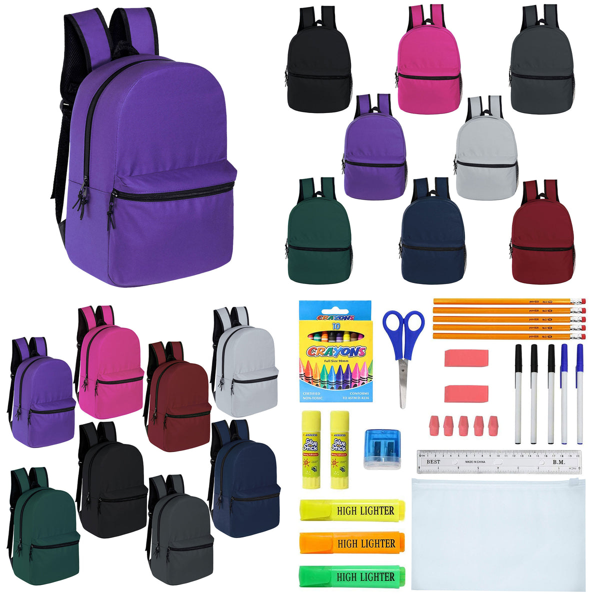 12 Wholesale 15" Backpacks in 8 Assorted Colors and 12 Bulk School Supply Kits of Your Choice