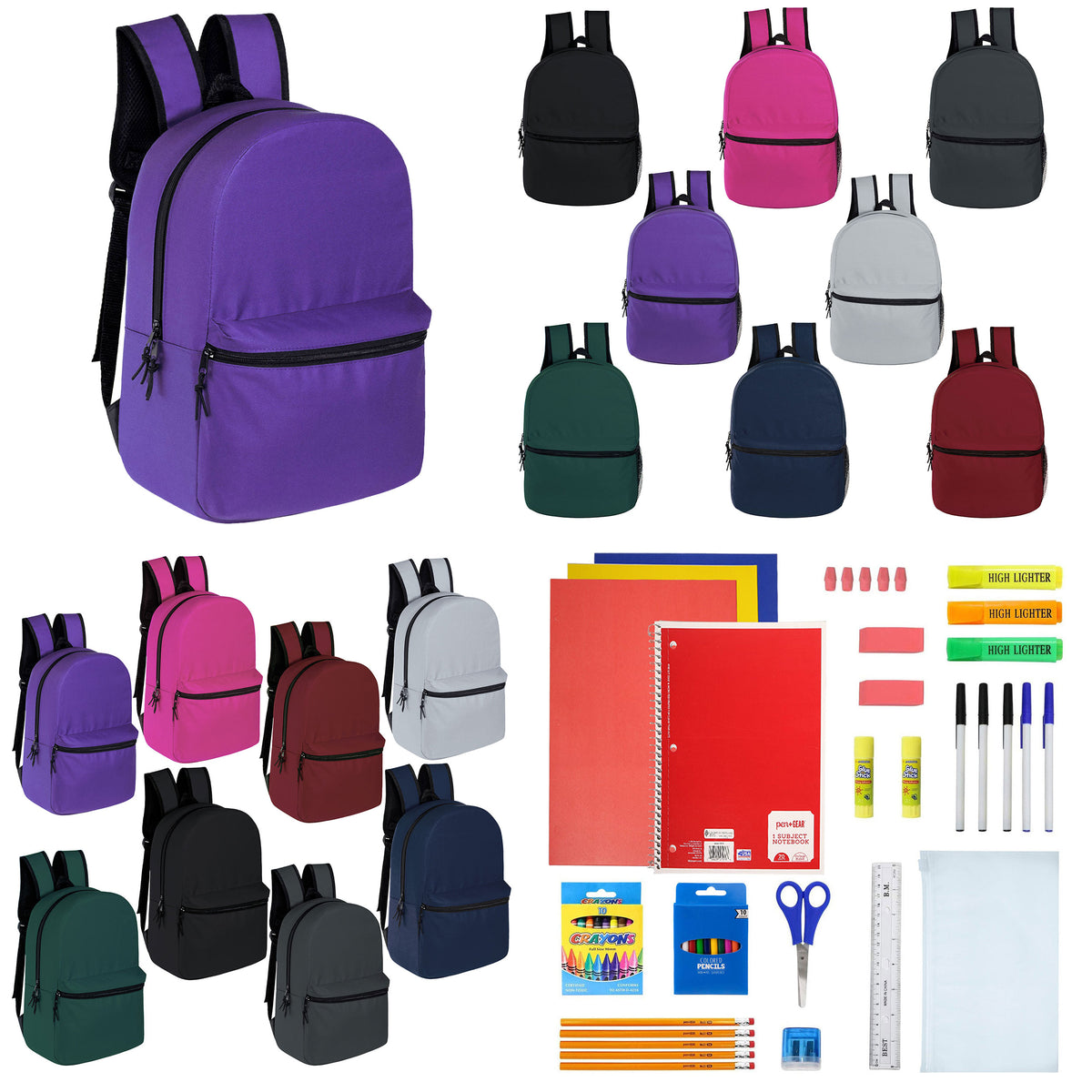 12 Wholesale 15" Backpacks in 8 Assorted Colors and 12 Bulk School Supply Kits of Your Choice