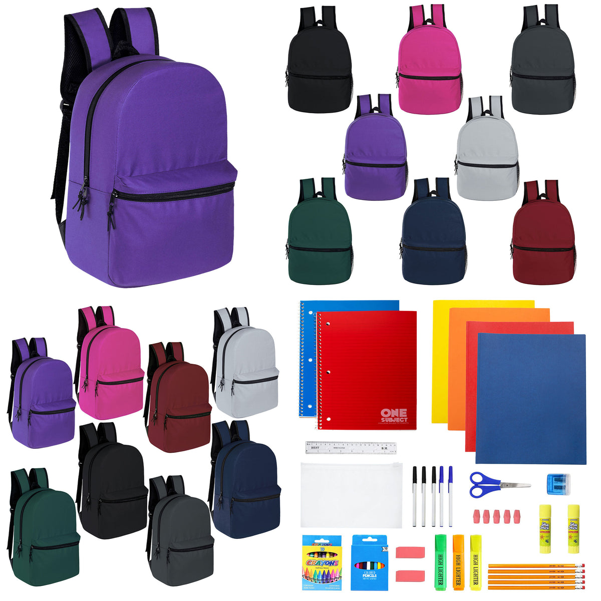 12 Wholesale 15" Backpacks in 8 Assorted Colors and 12 Bulk School Supply Kits of Your Choice