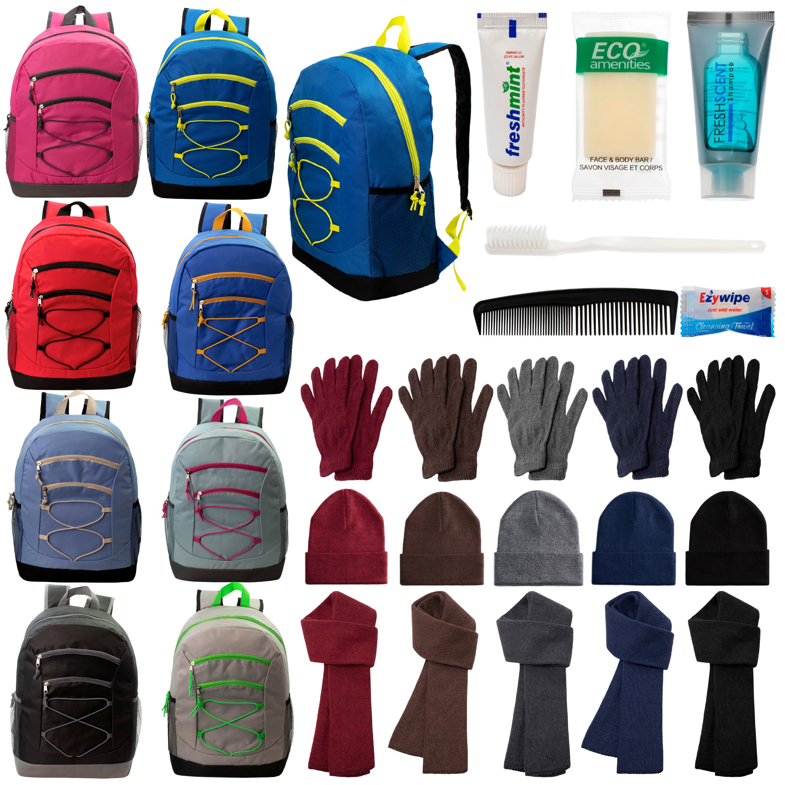 12 Bungee 17" Backpacks in 8 Colors, 12 Winter Item Sets & Your Choice of 12 Bulk Hygiene Kits - Wholesale Homeless Care Package