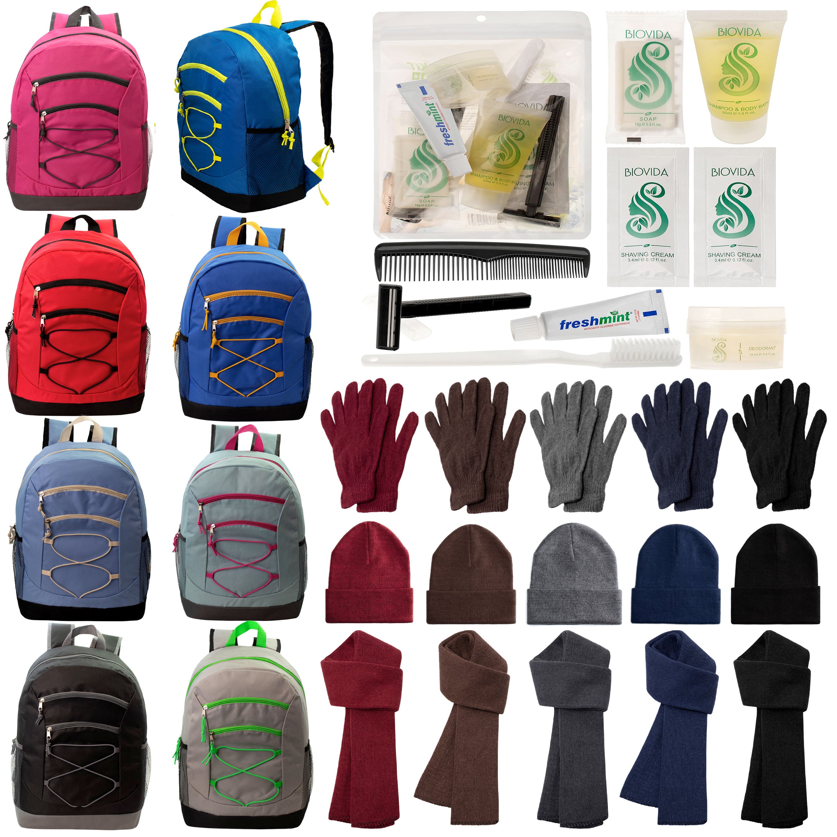 12 Bungee 17" Backpacks in 8 Colors, 12 Winter Item Sets & Your Choice of 12 Bulk Hygiene Kits - Wholesale Homeless Care Package