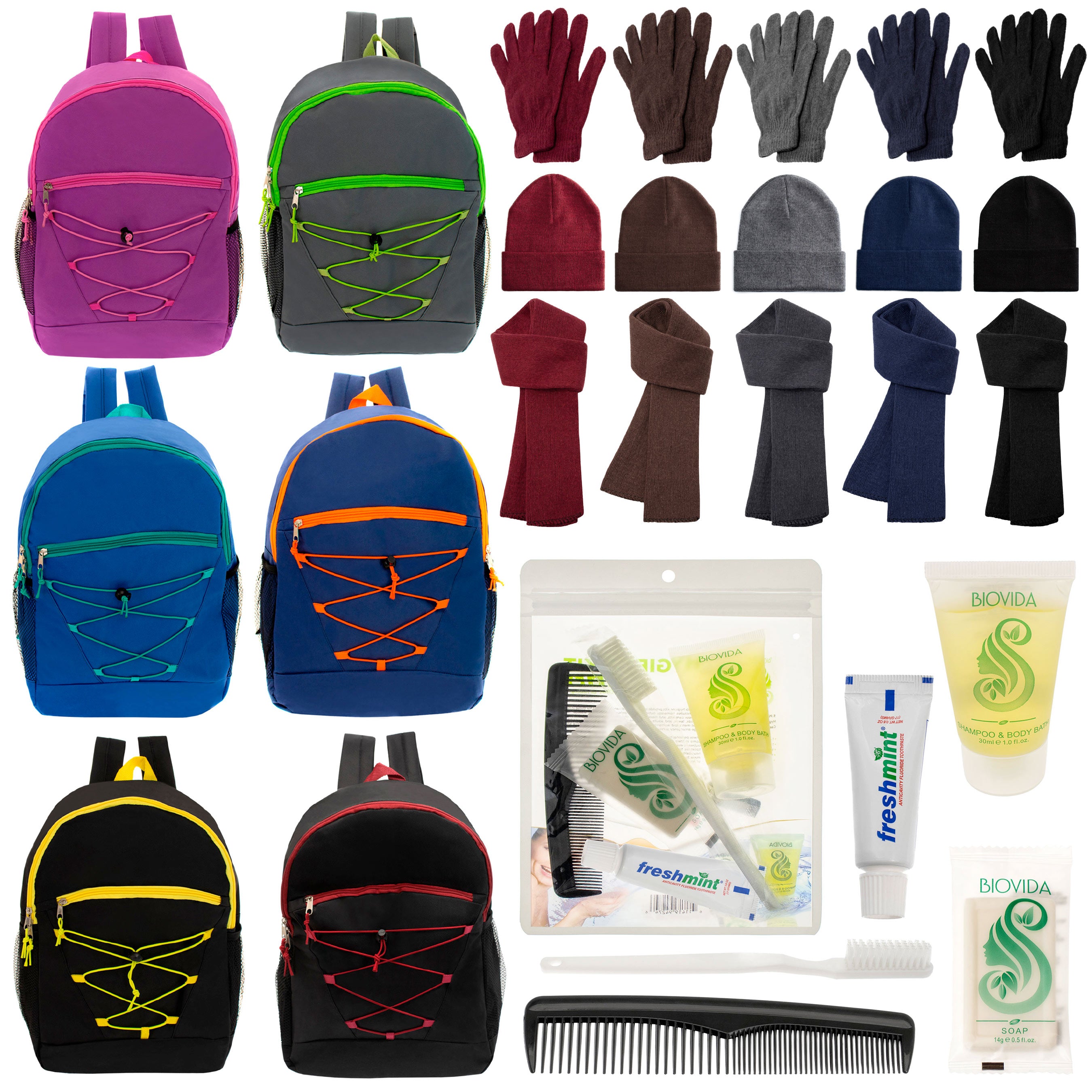 12 Bungee 17" Backpacks in 6 Colors, 12 Winter Item Sets & Your Choice of 12 Bulk Hygiene Kits - Wholesale Homeless Care Package