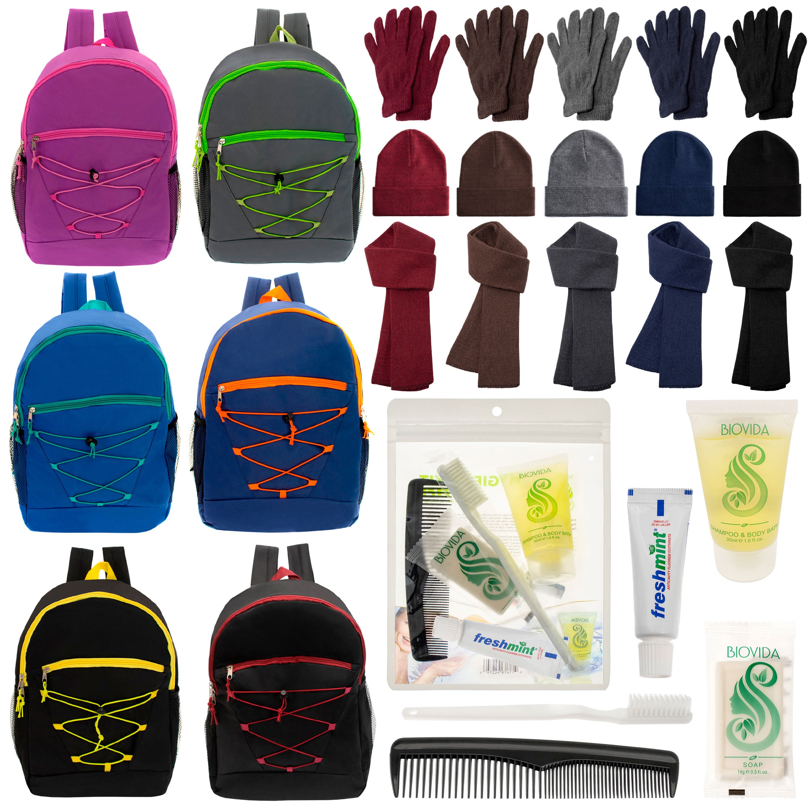 12 Bungee 17" Backpacks in 6 Colors, 12 Winter Item Sets & Your Choice of 12 Bulk Hygiene Kits - Wholesale Homeless Care Package