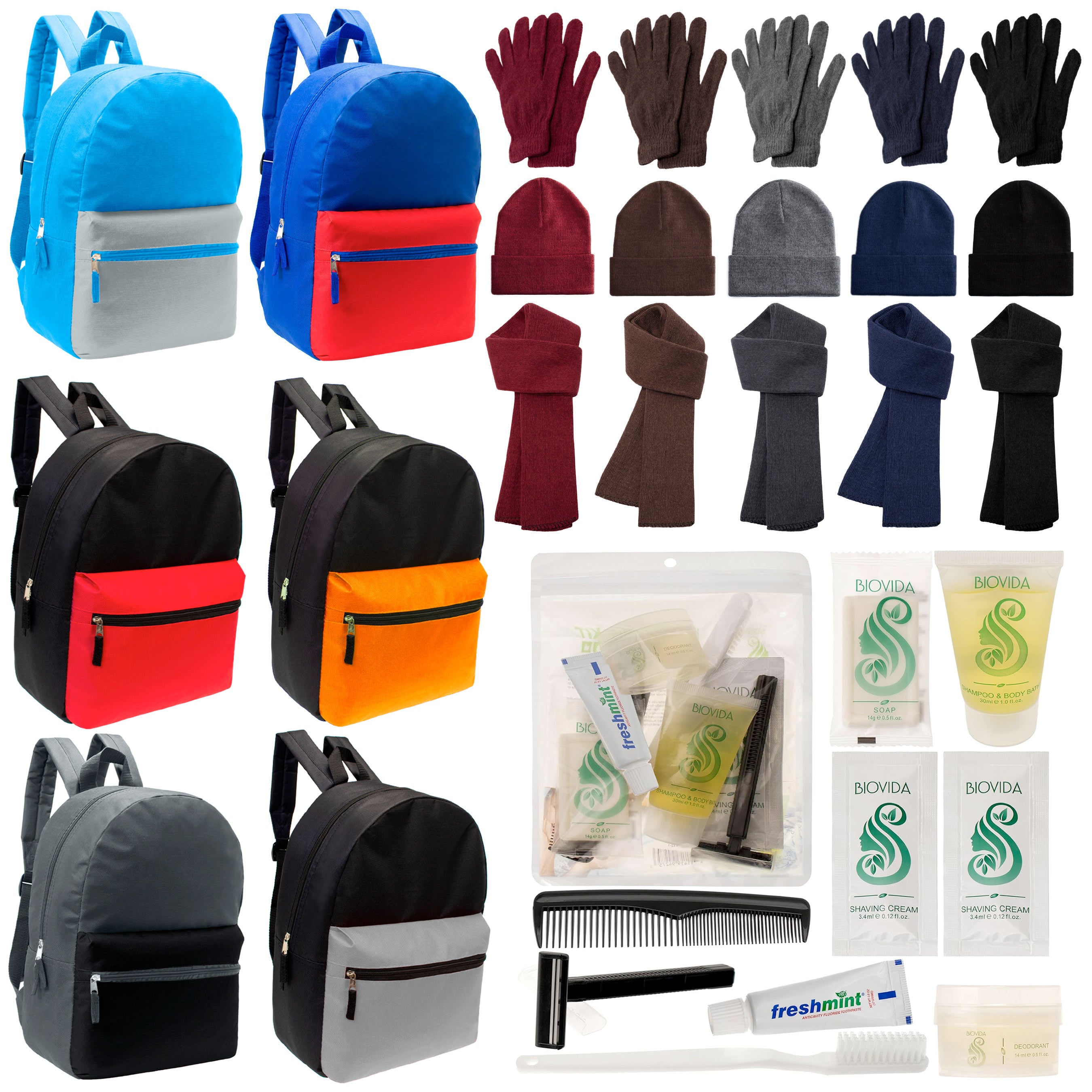 12 Multi Color Basic 17" Backpacks, 12 Winter Item Sets & Your Choice of 12 Bulk Hygiene Kits - Wholesale Homeless Care Package