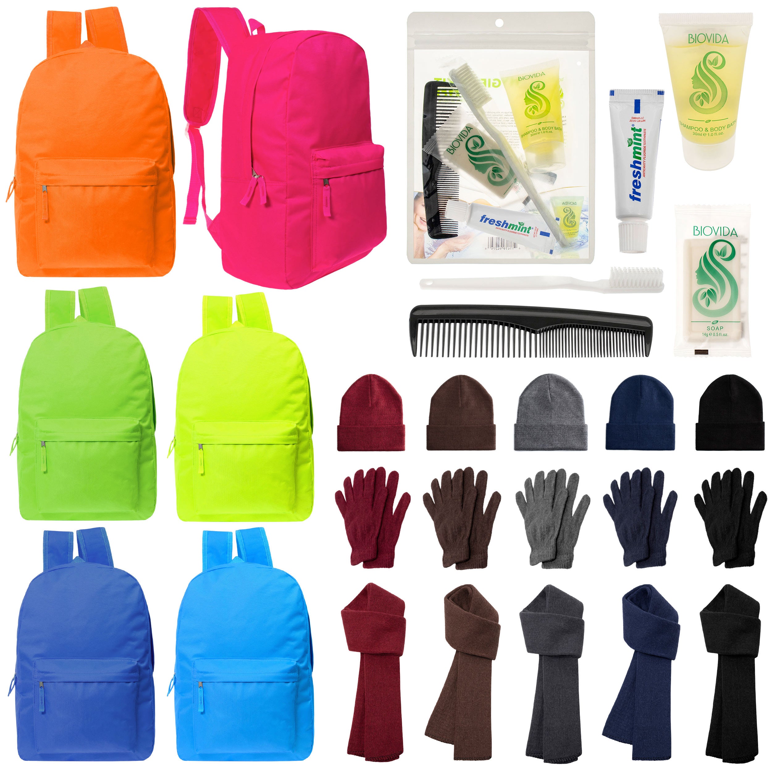 12 Deluxe Bungee 17" Backpacks in 8 Colors, 12 Winter Item Sets & Your Choice of 12 Bulk Hygiene Kits - Wholesale Homeless Care Package