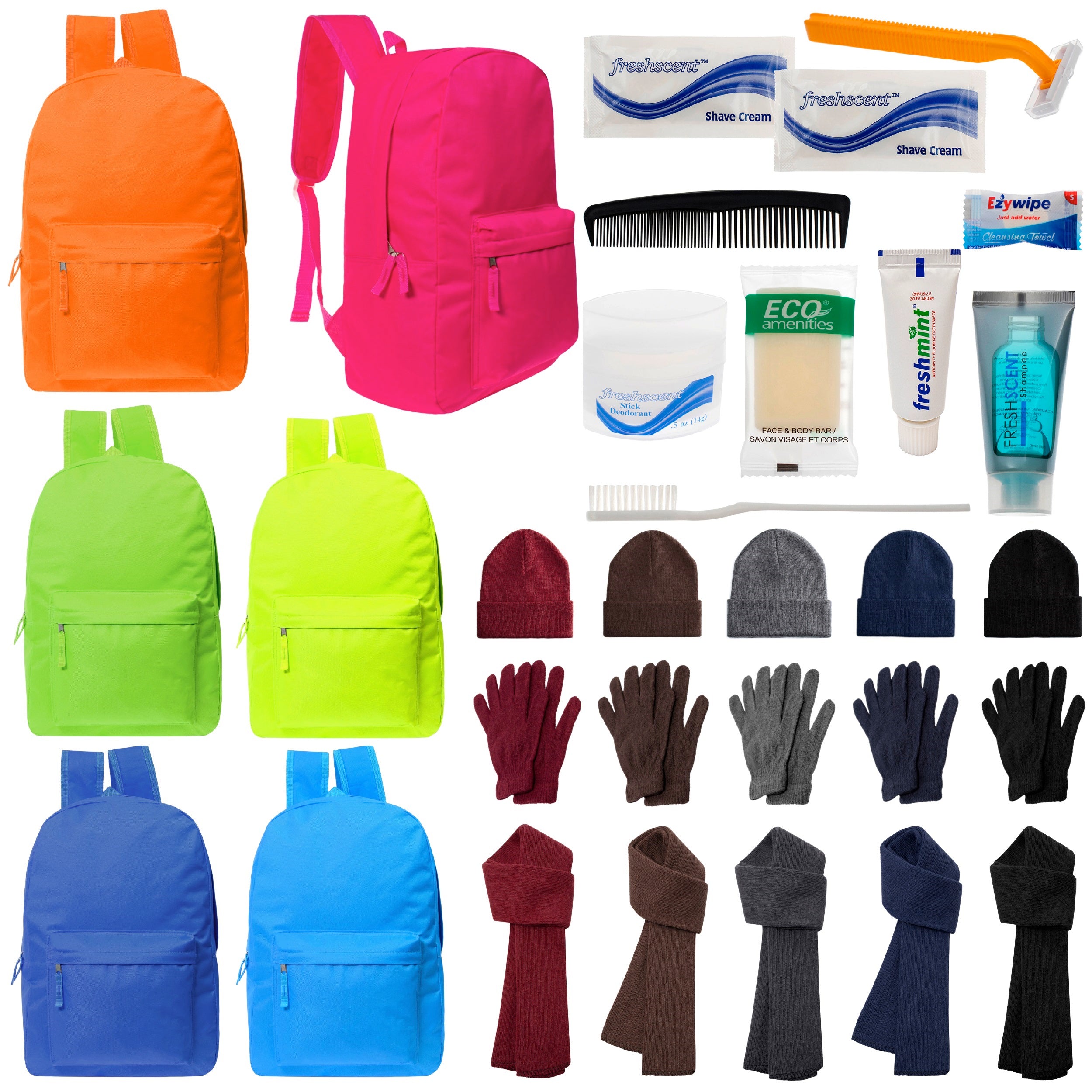 12 Deluxe Bungee 17" Backpacks in 8 Colors, 12 Winter Item Sets & Your Choice of 12 Bulk Hygiene Kits - Wholesale Homeless Care Package