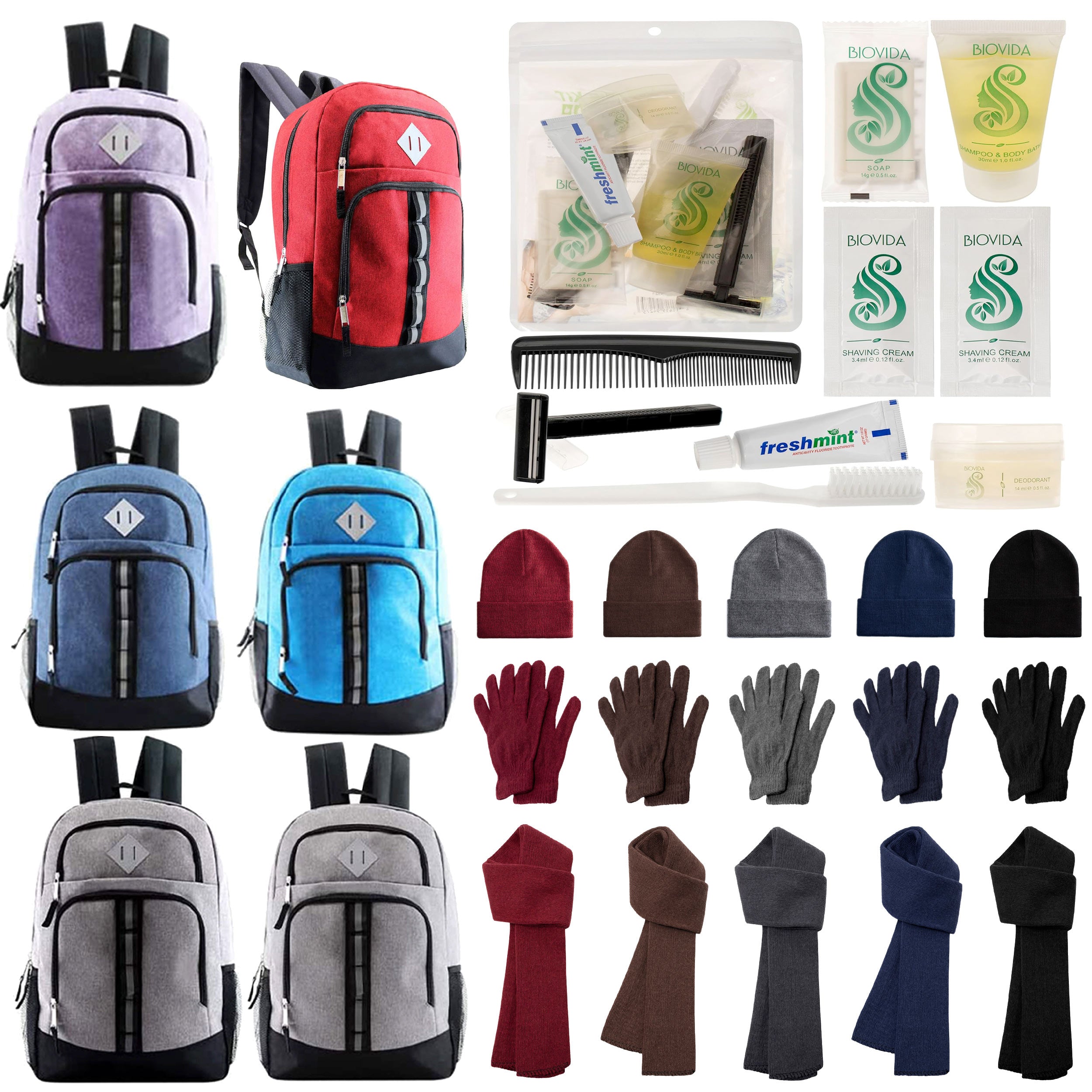 12 Deluxe 18" Backpacks in 6 Colors, 12 Winter Item Sets & Your Choice of 12 Bulk Hygiene Kits - Wholesale Homeless Care Package