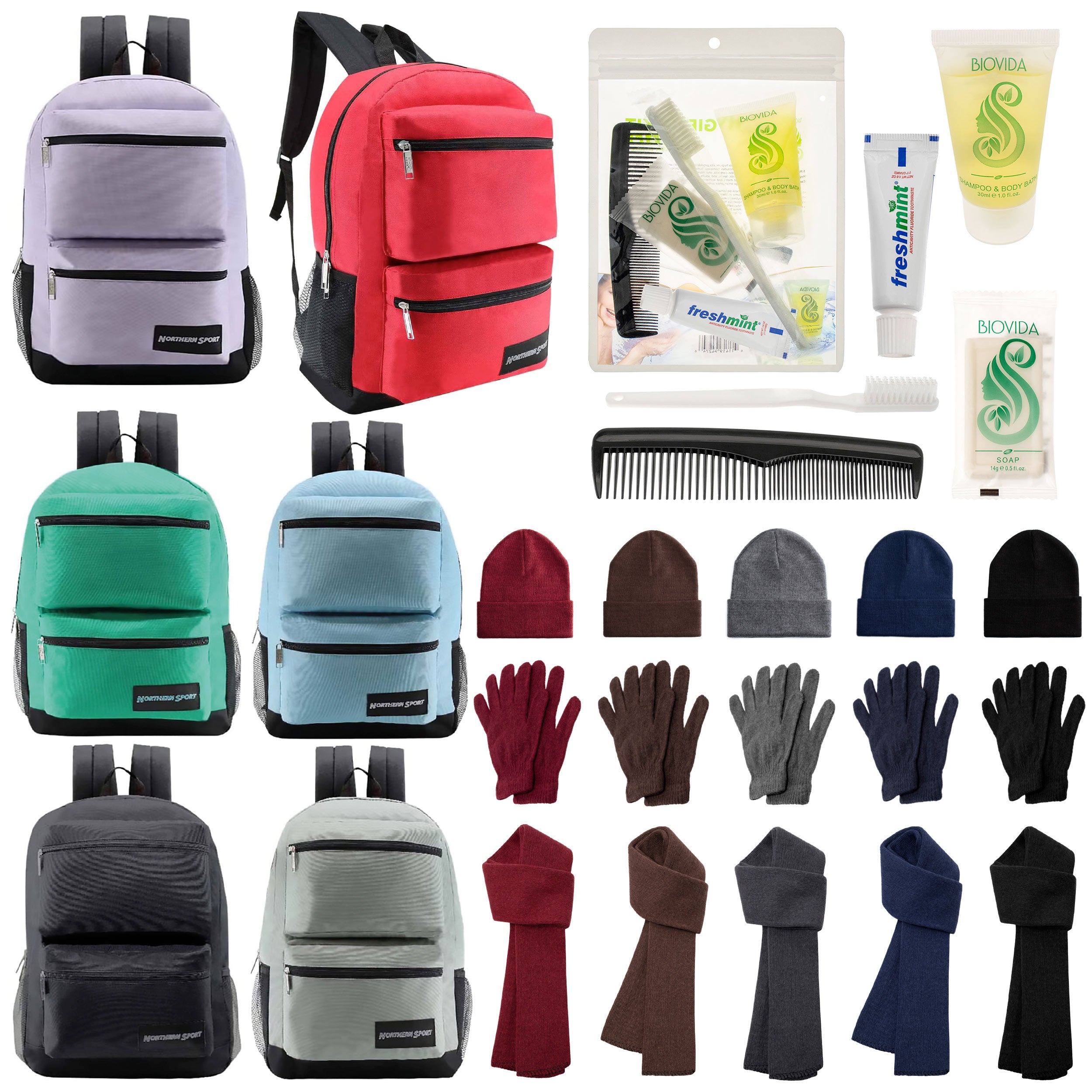 12 Deluxe 17" Backpacks with 3 Compartments, 12 Winter Item Sets & Your Choice of 12 Bulk Hygiene Kits - Wholesale Homeless Care Package