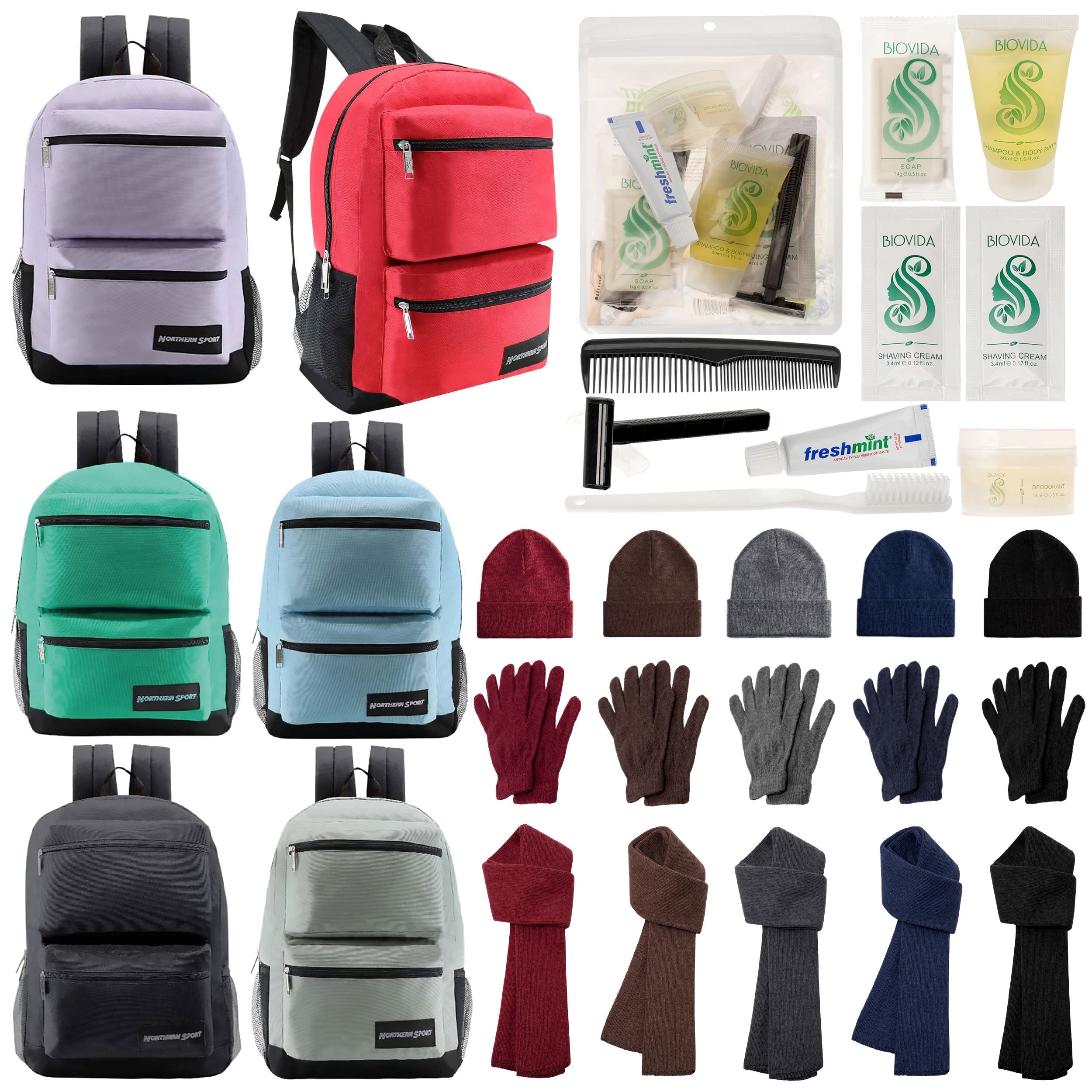12 Deluxe 17" Backpacks with 3 Compartments, 12 Winter Item Sets & Your Choice of 12 Bulk Hygiene Kits - Wholesale Homeless Care Package