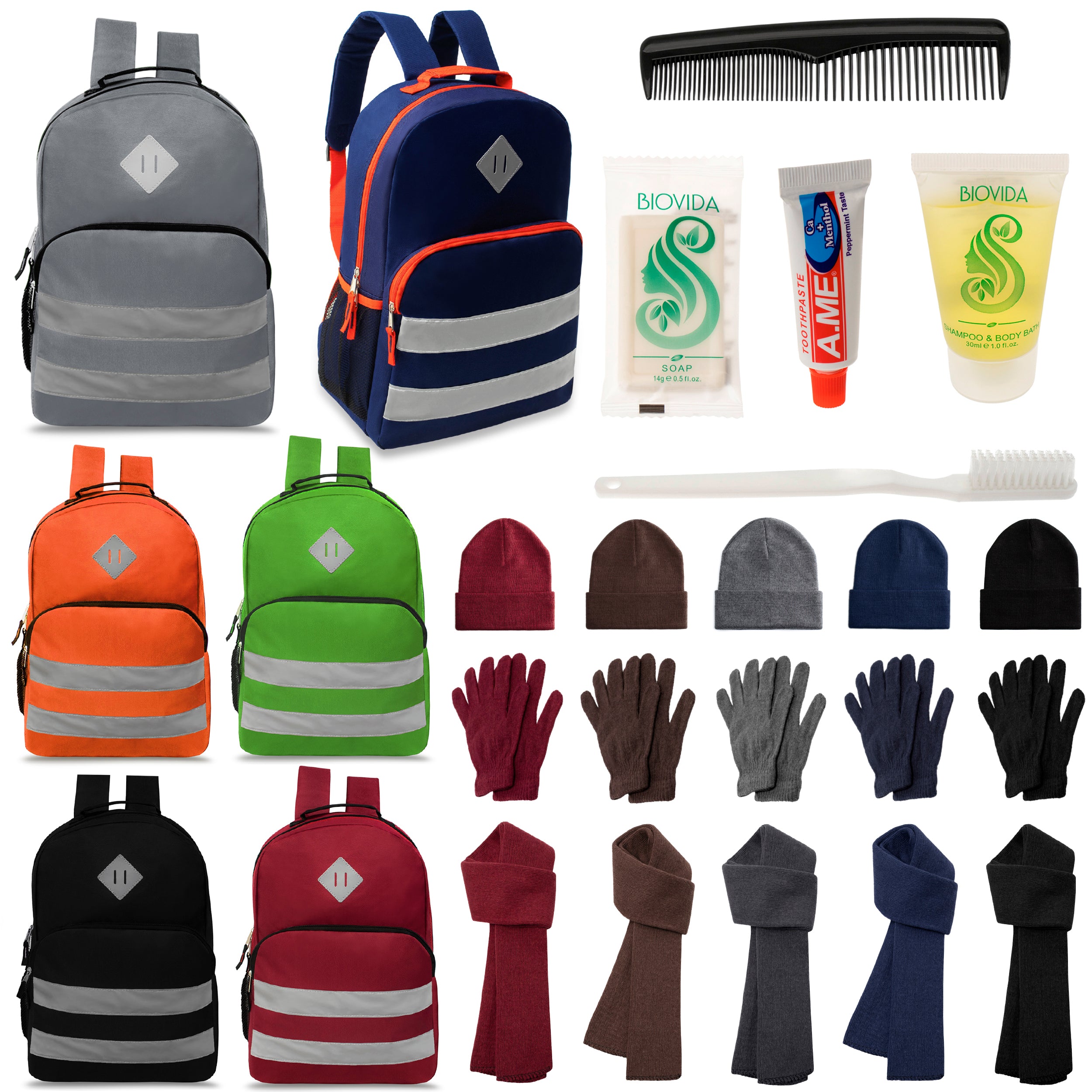12 Reflective Striped 17" Backpacks in 6 Colors, 12 Winter Item Sets & Your Choice of 12 Bulk Hygiene Kits - Wholesale Homeless Care Package