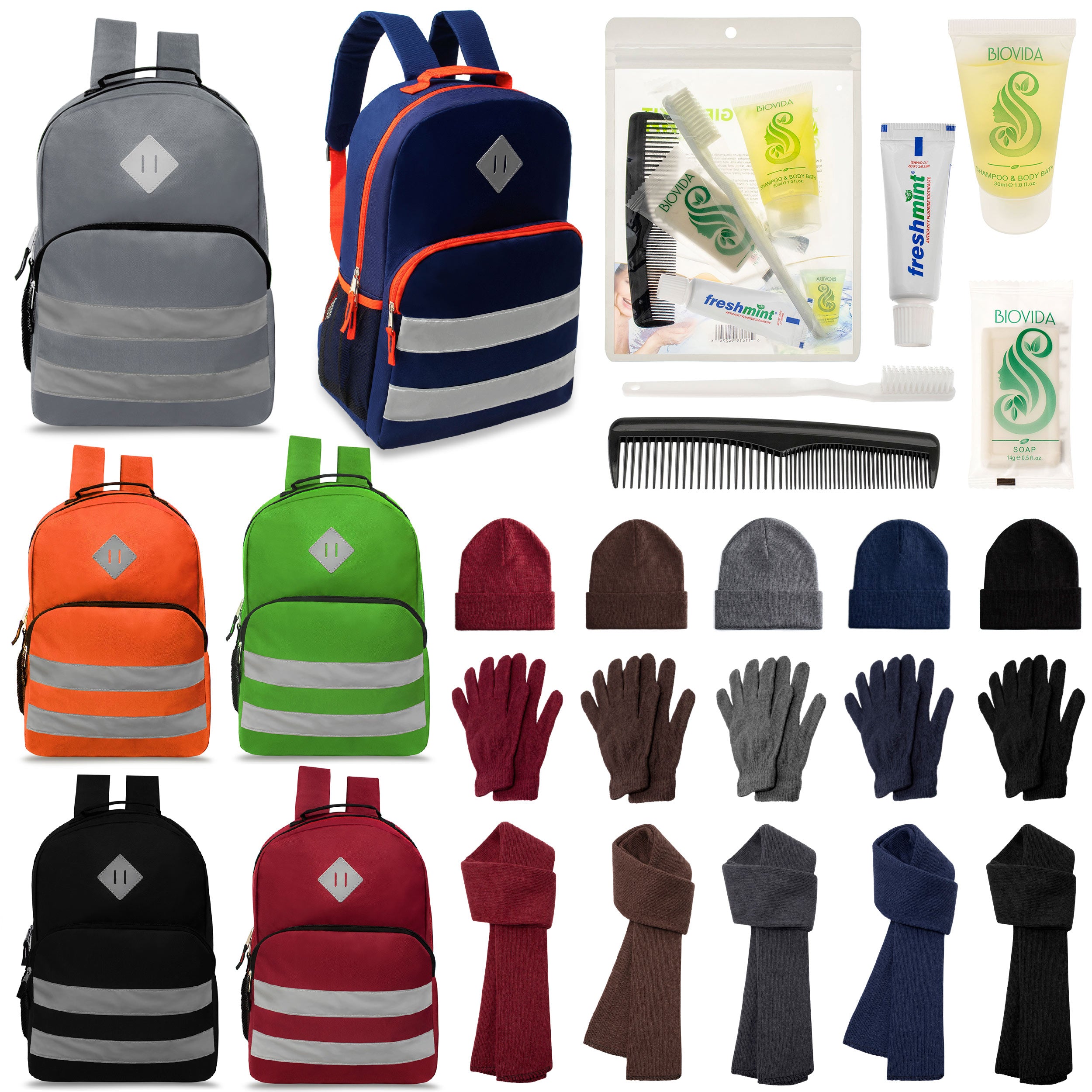 12 Reflective Striped 17" Backpacks in 6 Colors, 12 Winter Item Sets & Your Choice of 12 Bulk Hygiene Kits - Wholesale Homeless Care Package