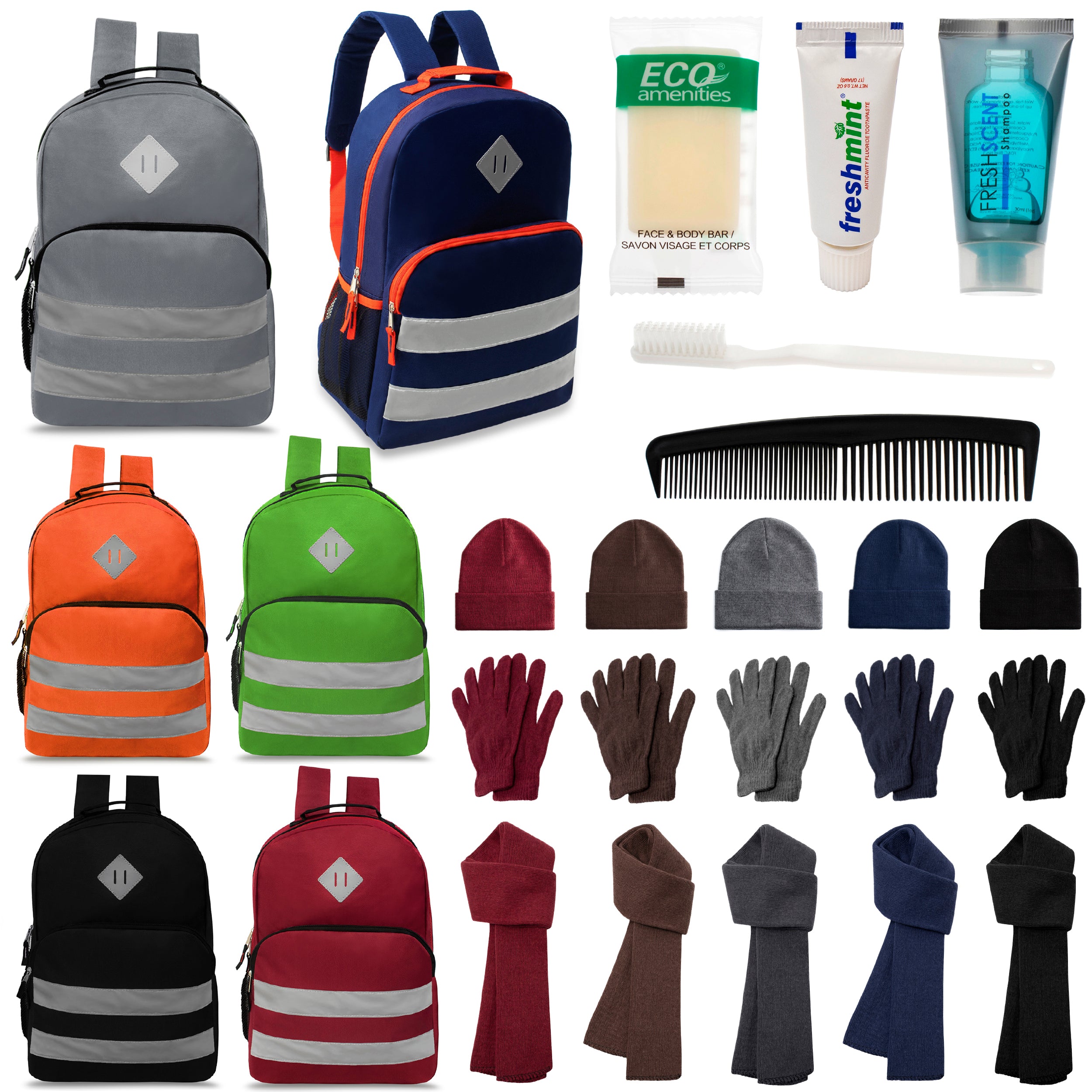 12 Reflective Striped 17" Backpacks in 6 Colors, 12 Winter Item Sets & Your Choice of 12 Bulk Hygiene Kits - Wholesale Homeless Care Package