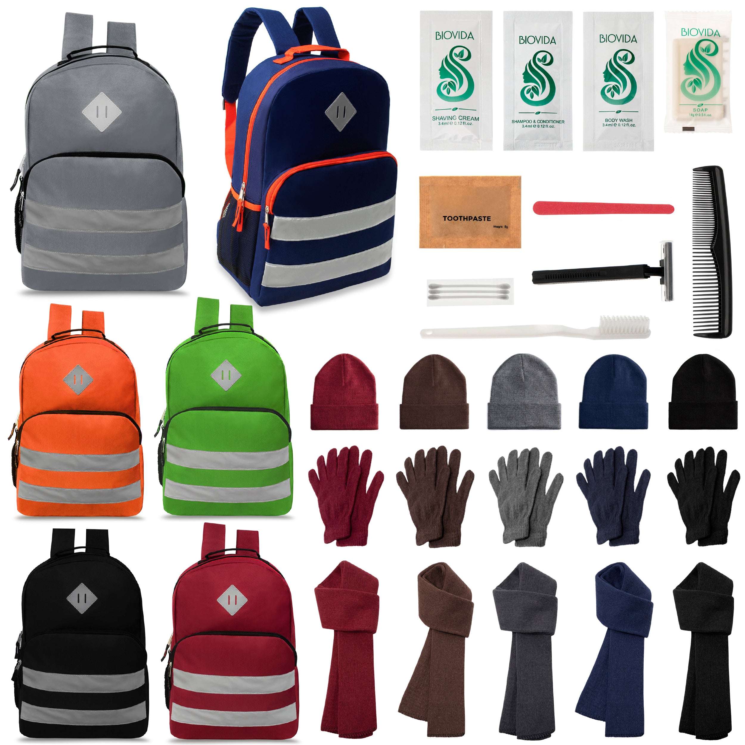 12 Reflective Striped 17" Backpacks in 6 Colors, 12 Winter Item Sets & Your Choice of 12 Bulk Hygiene Kits - Wholesale Homeless Care Package