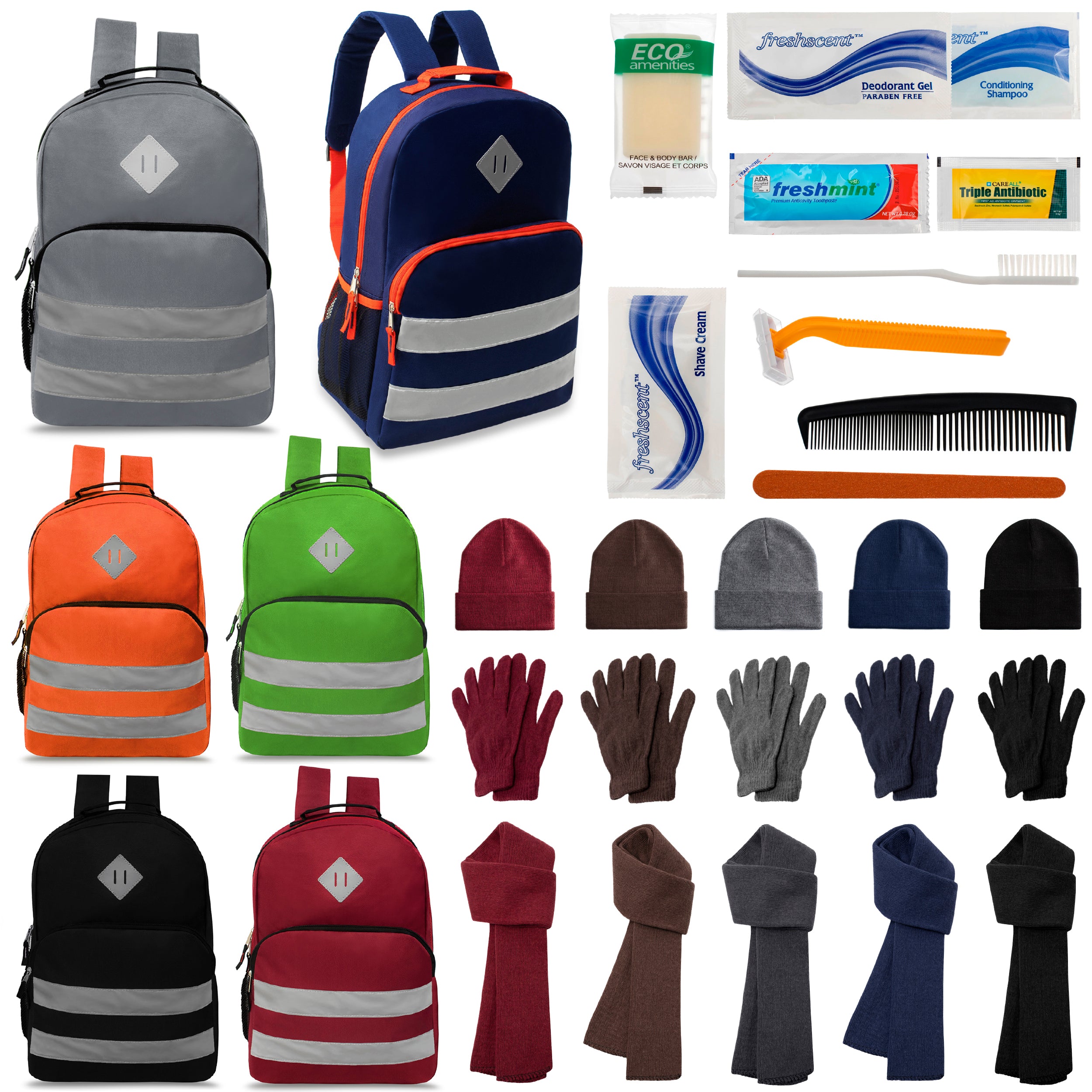 12 Reflective Striped 17" Backpacks in 6 Colors, 12 Winter Item Sets & Your Choice of 12 Bulk Hygiene Kits - Wholesale Homeless Care Package