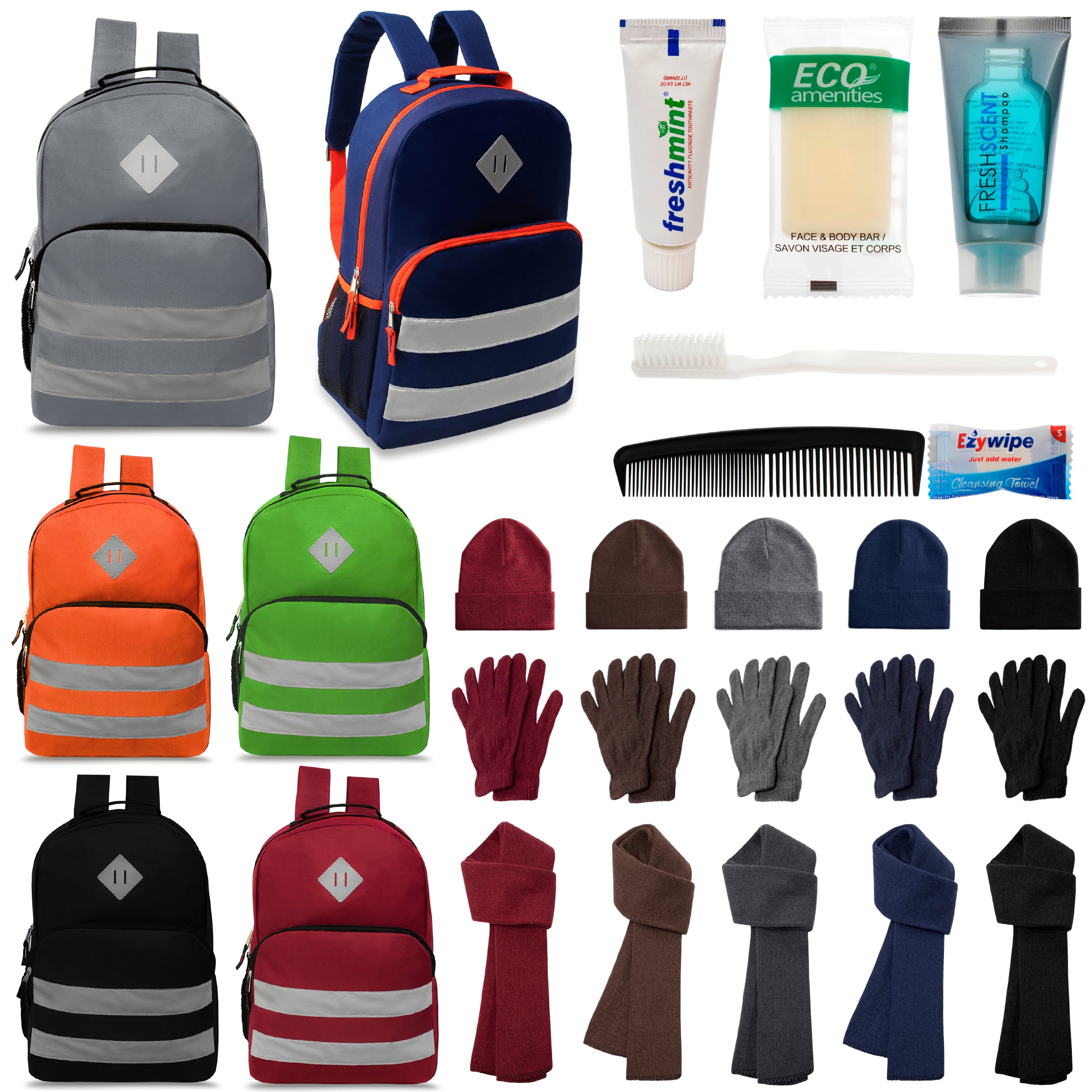 12 Reflective Striped 17" Backpacks in 6 Colors, 12 Winter Item Sets & Your Choice of 12 Bulk Hygiene Kits - Wholesale Homeless Care Package