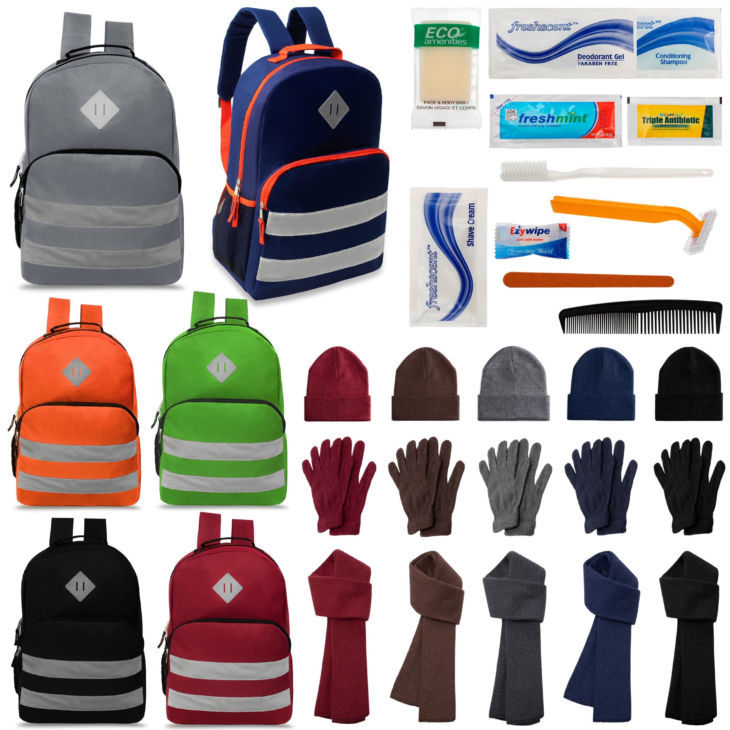 12 Reflective Striped 17" Backpacks in 6 Colors, 12 Winter Item Sets & Your Choice of 12 Bulk Hygiene Kits - Wholesale Homeless Care Package