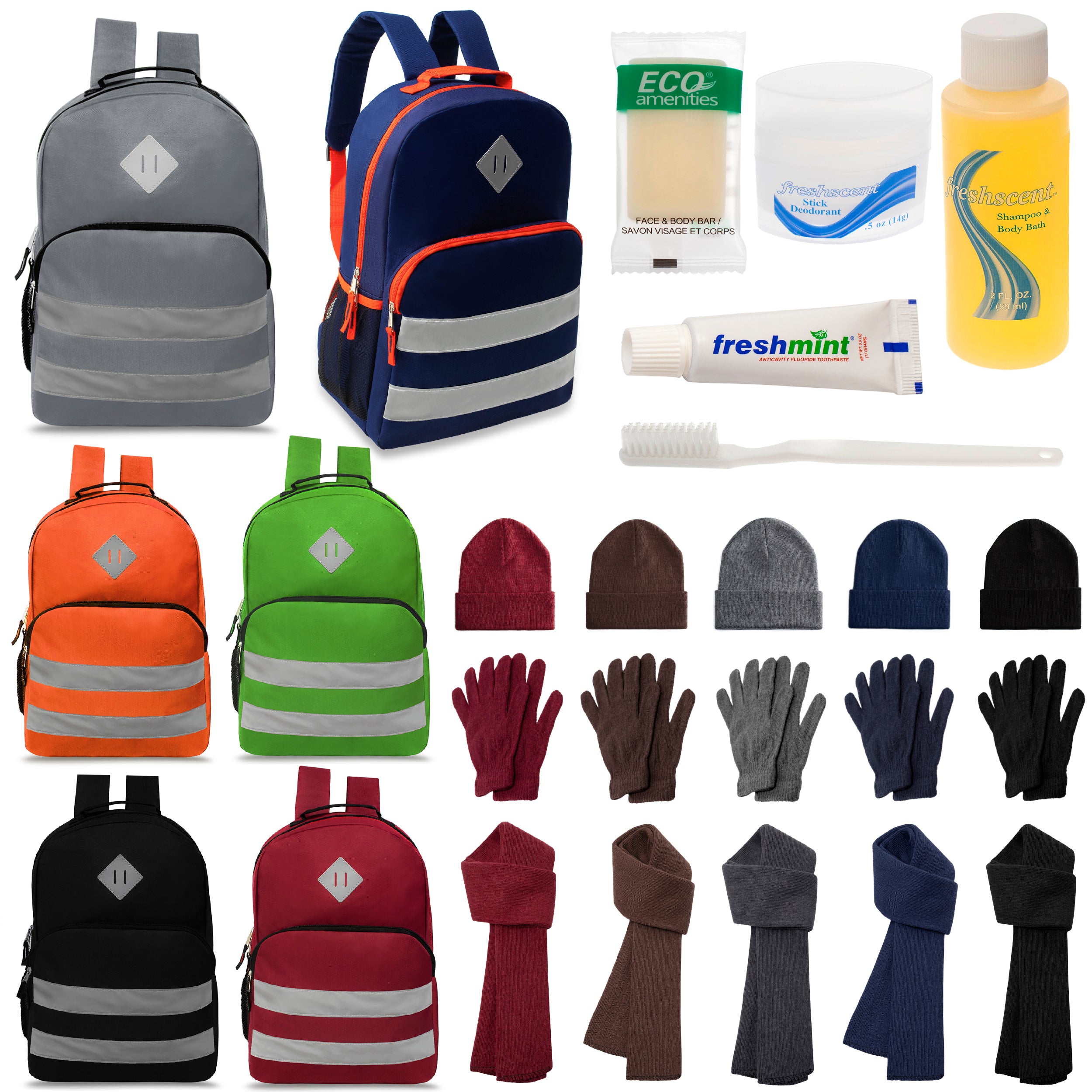12 Reflective Striped 17" Backpacks in 6 Colors, 12 Winter Item Sets & Your Choice of 12 Bulk Hygiene Kits - Wholesale Homeless Care Package