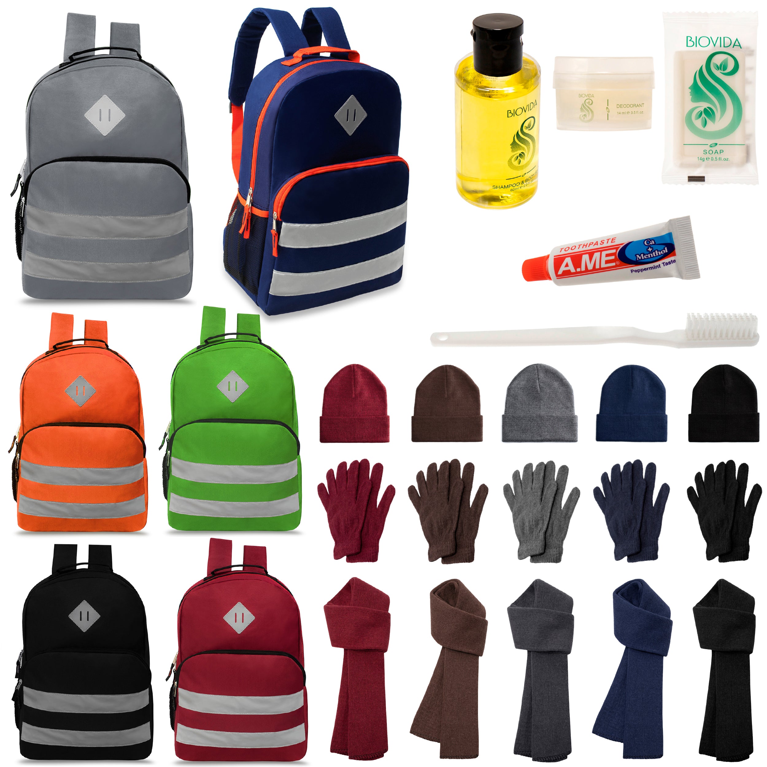 12 Reflective Striped 17" Backpacks in 6 Colors, 12 Winter Item Sets & Your Choice of 12 Bulk Hygiene Kits - Wholesale Homeless Care Package