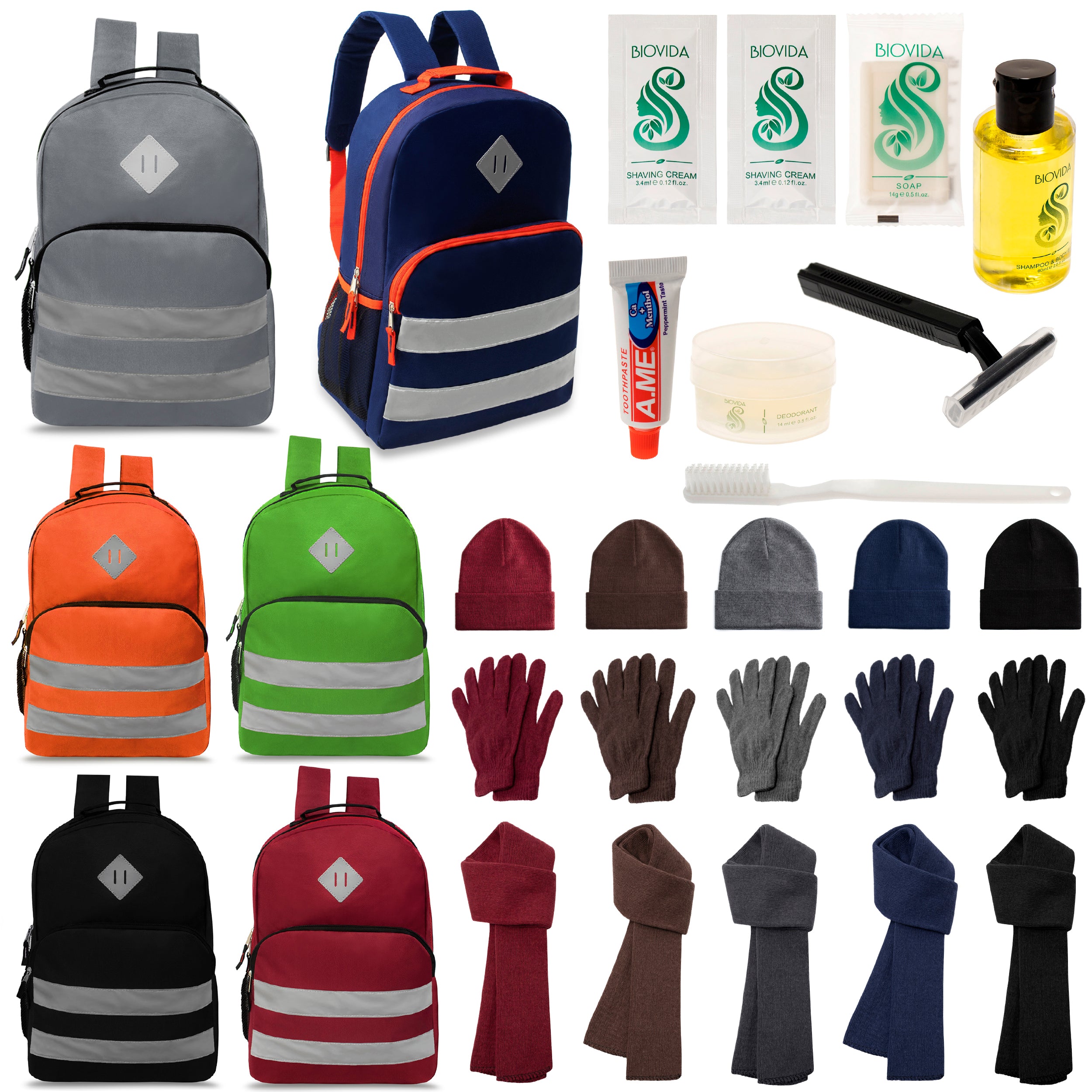 12 Reflective Striped 17" Backpacks in 6 Colors, 12 Winter Item Sets & Your Choice of 12 Bulk Hygiene Kits - Wholesale Homeless Care Package