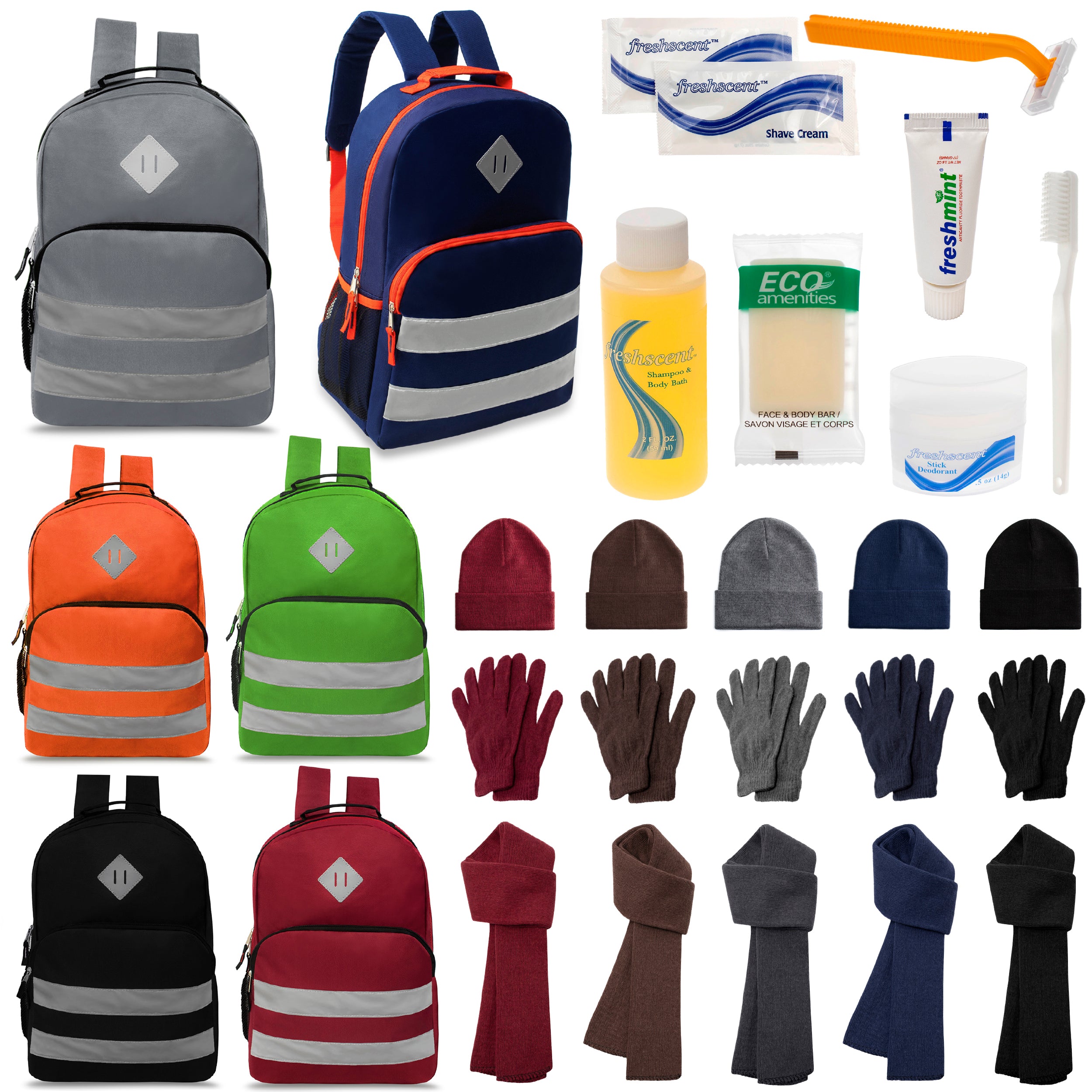 12 Reflective Striped 17" Backpacks in 6 Colors, 12 Winter Item Sets & Your Choice of 12 Bulk Hygiene Kits - Wholesale Homeless Care Package