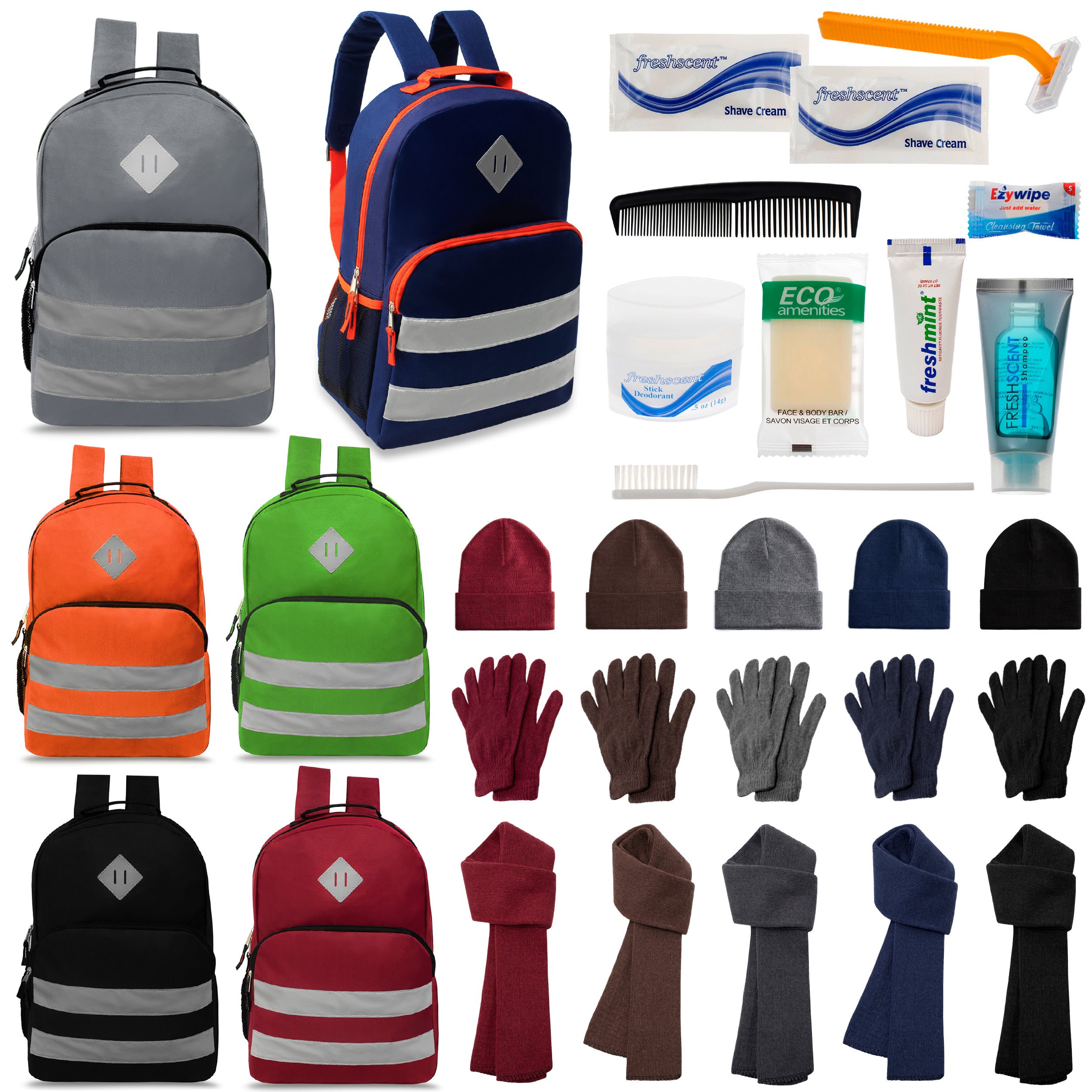 12 Reflective Striped 17" Backpacks in 6 Colors, 12 Winter Item Sets & Your Choice of 12 Bulk Hygiene Kits - Wholesale Homeless Care Package