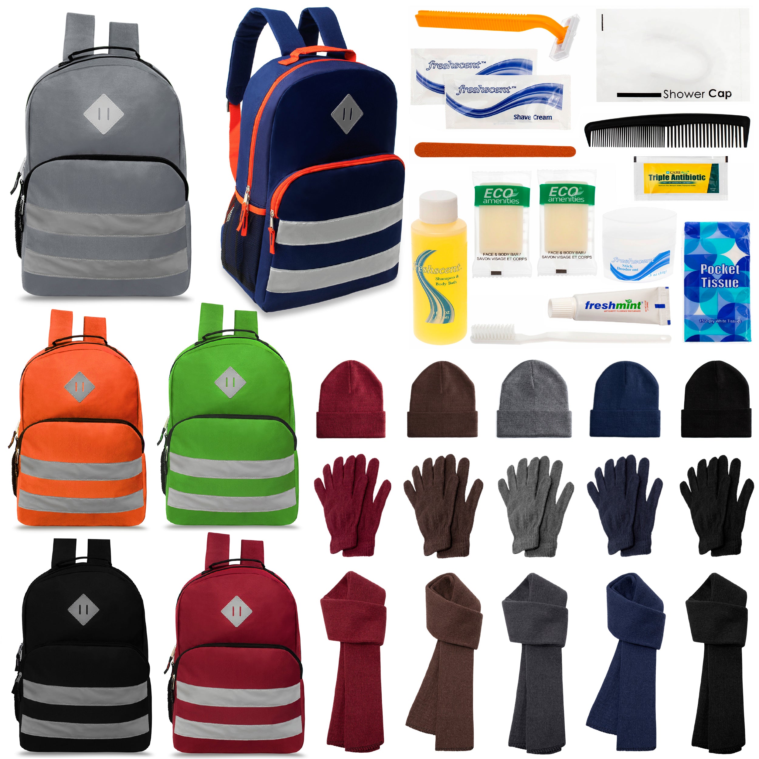12 Reflective Striped 17" Backpacks in 6 Colors, 12 Winter Item Sets & Your Choice of 12 Bulk Hygiene Kits - Wholesale Homeless Care Package