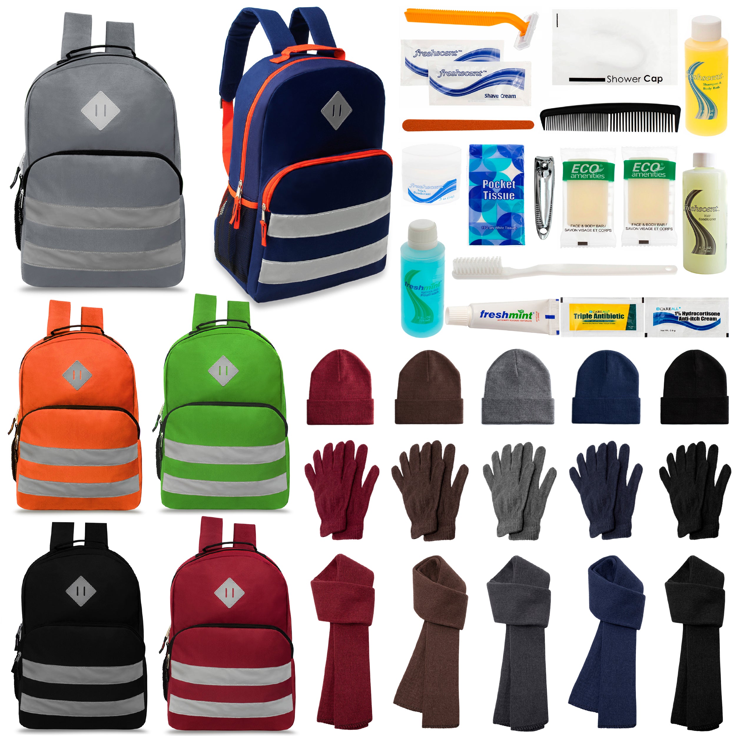 12 Reflective Striped 17" Backpacks in 6 Colors, 12 Winter Item Sets & Your Choice of 12 Bulk Hygiene Kits - Wholesale Homeless Care Package