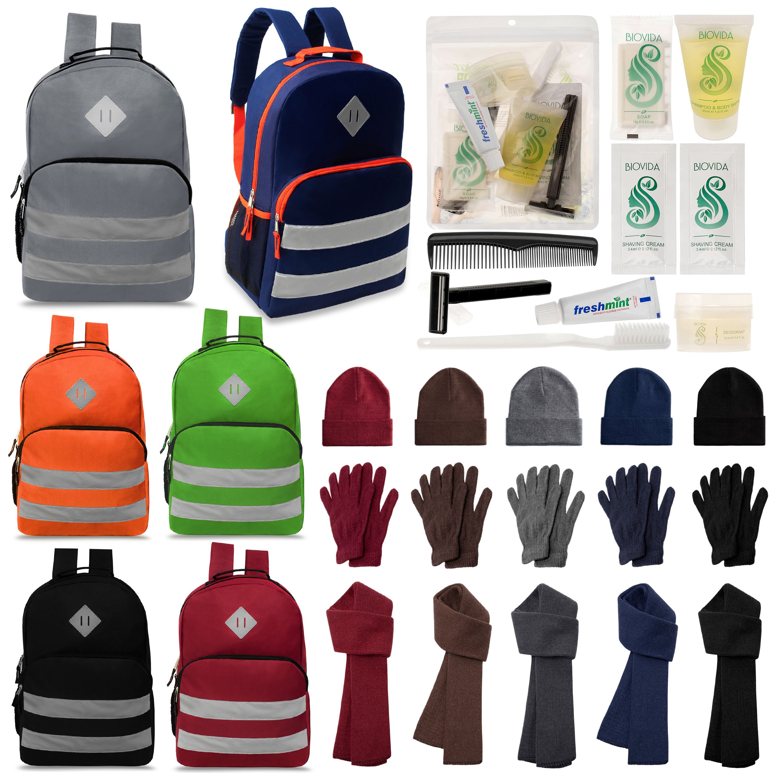 12 Reflective Striped 17" Backpacks in 6 Colors, 12 Winter Item Sets & Your Choice of 12 Bulk Hygiene Kits - Wholesale Homeless Care Package