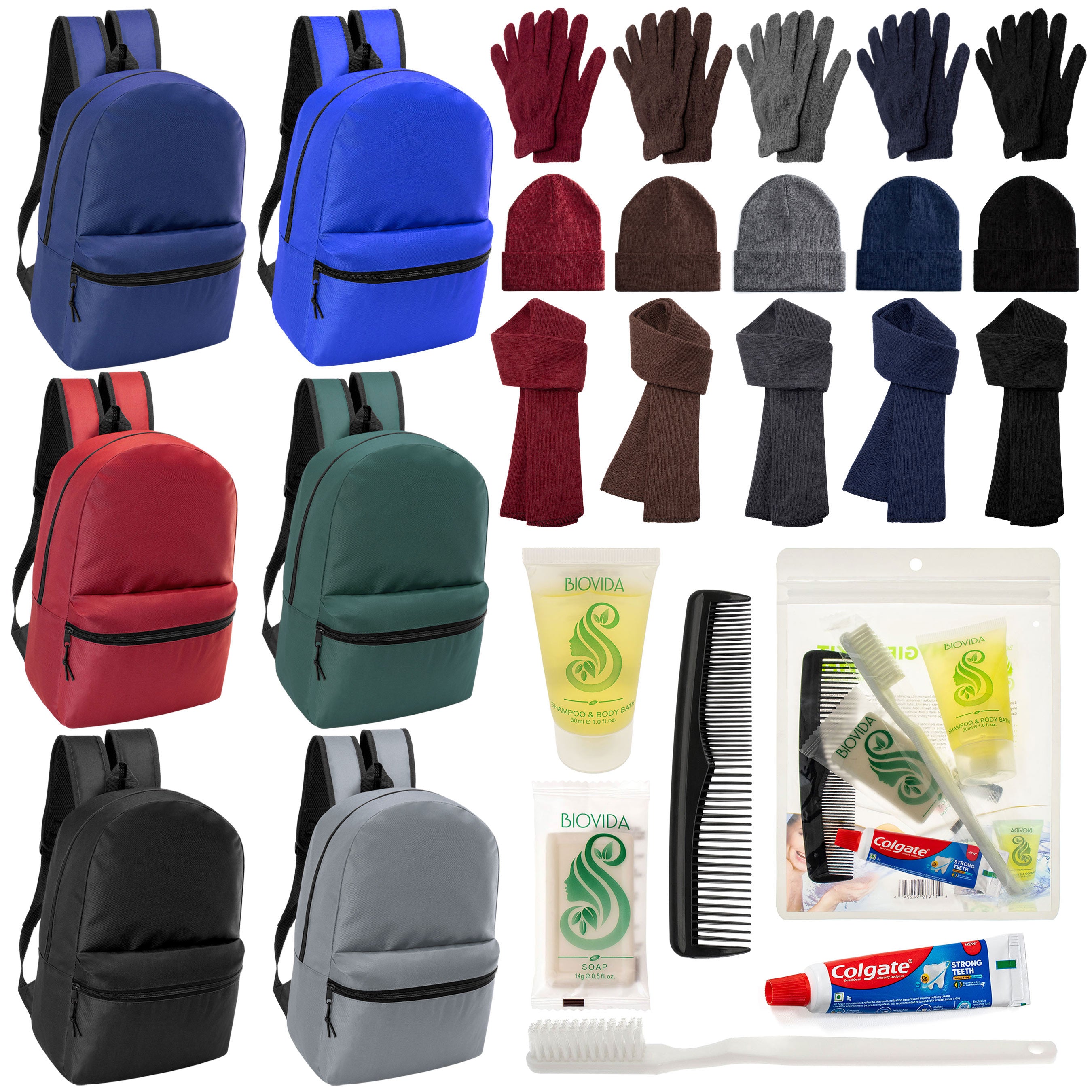 12 Basic 17" Backpacks in 6 Colors, 12 Winter Item Sets & Your Choice of 12 Bulk Hygiene Kits - Wholesale Homeless Care Package