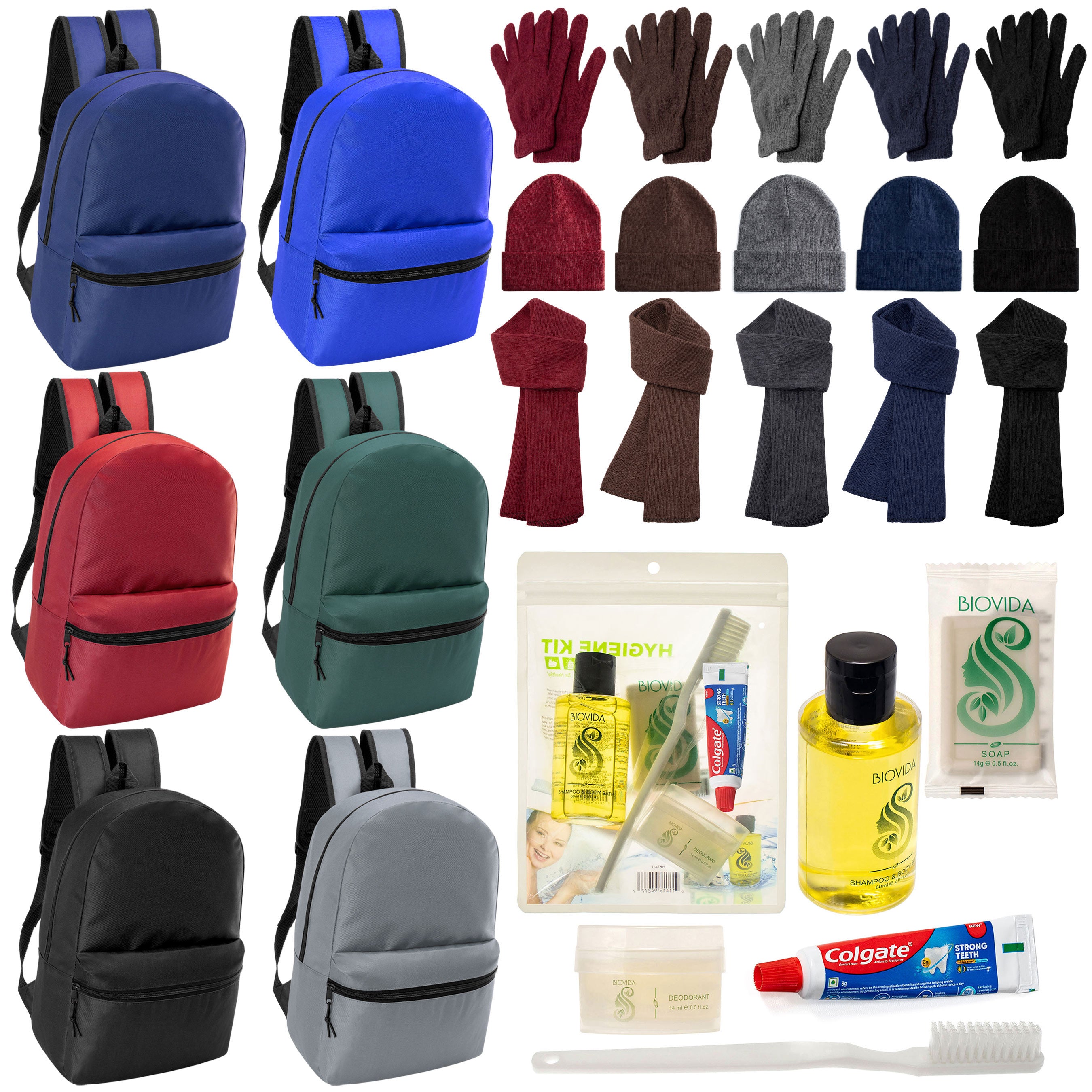 12 Basic 17" Backpacks in 6 Colors, 12 Winter Item Sets & Your Choice of 12 Bulk Hygiene Kits - Wholesale Homeless Care Package