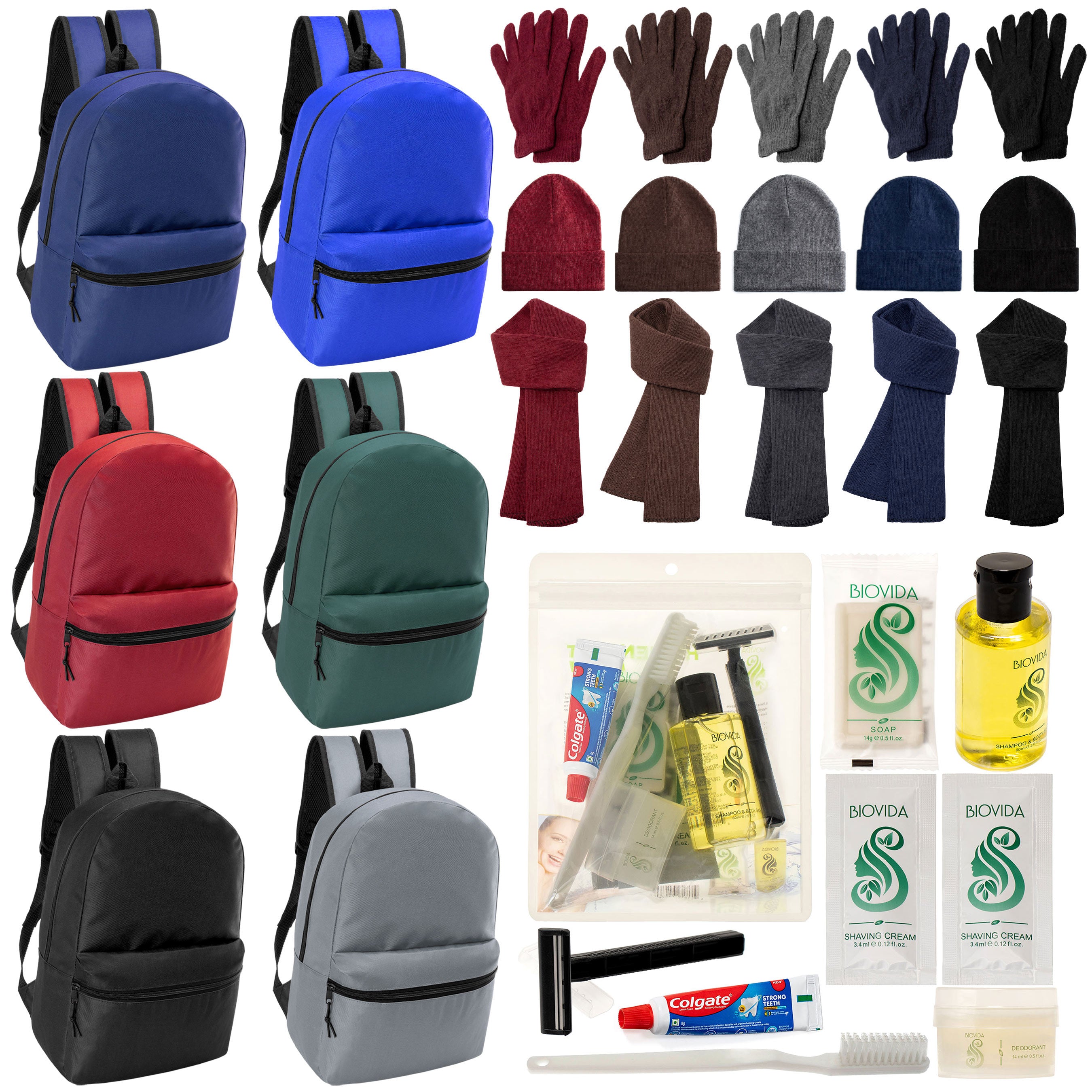 12 Basic 17" Backpacks in 6 Colors, 12 Winter Item Sets & Your Choice of 12 Bulk Hygiene Kits - Wholesale Homeless Care Package