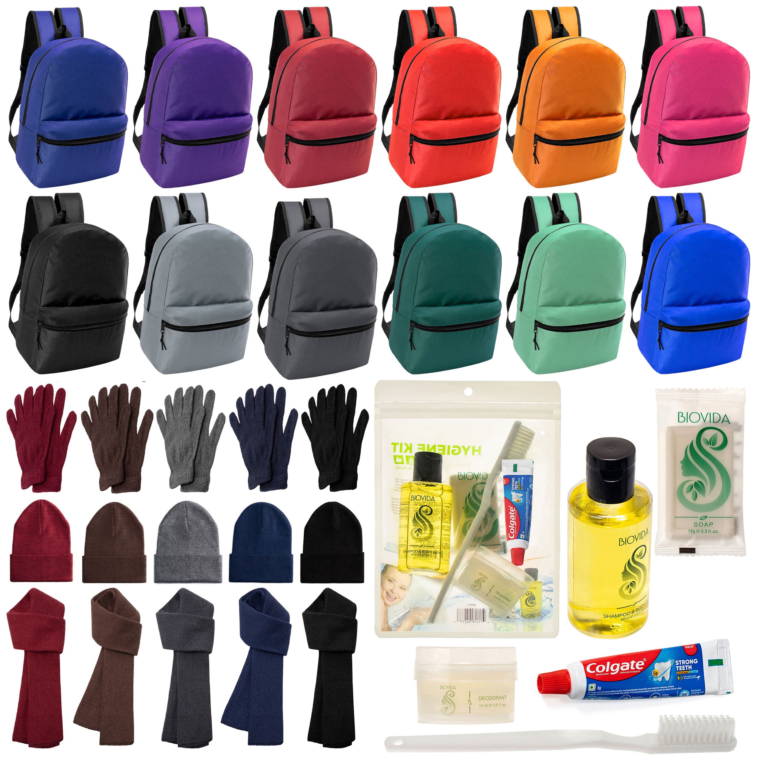 12 Basic 17" Backpacks in 12 Colors, 12 Winter Item Sets & Your Choice of 12 Bulk Hygiene Kits - Wholesale Homeless Care Package