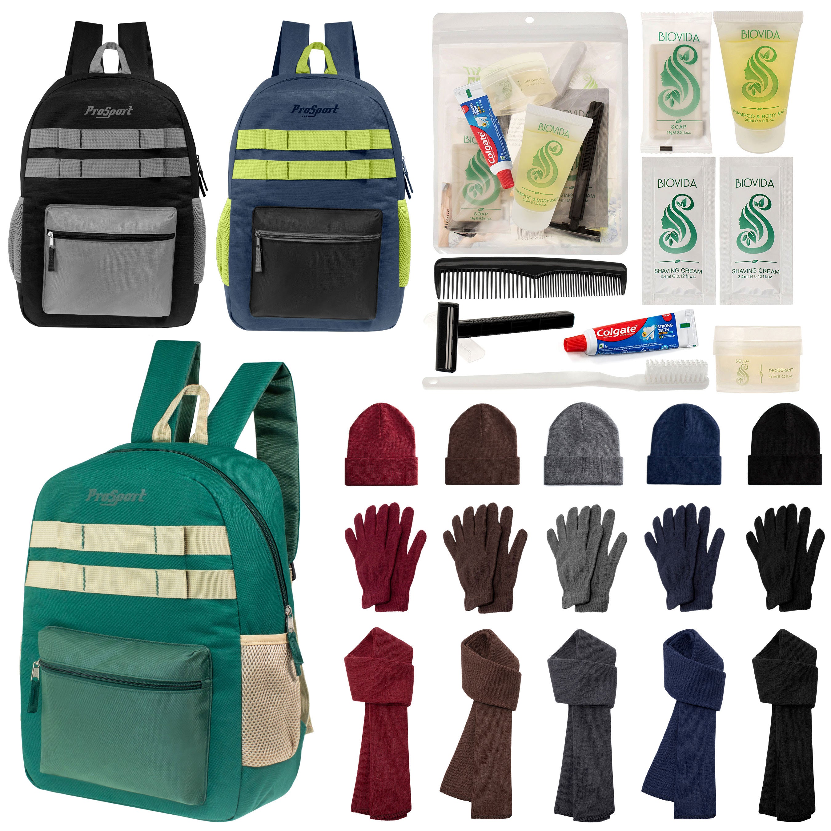 12 Durable 17" Multi- Color Backpacks, 12 Winter Item Sets & Your Choice of 12 Bulk Hygiene Kits - Wholesale Homeless Care Package