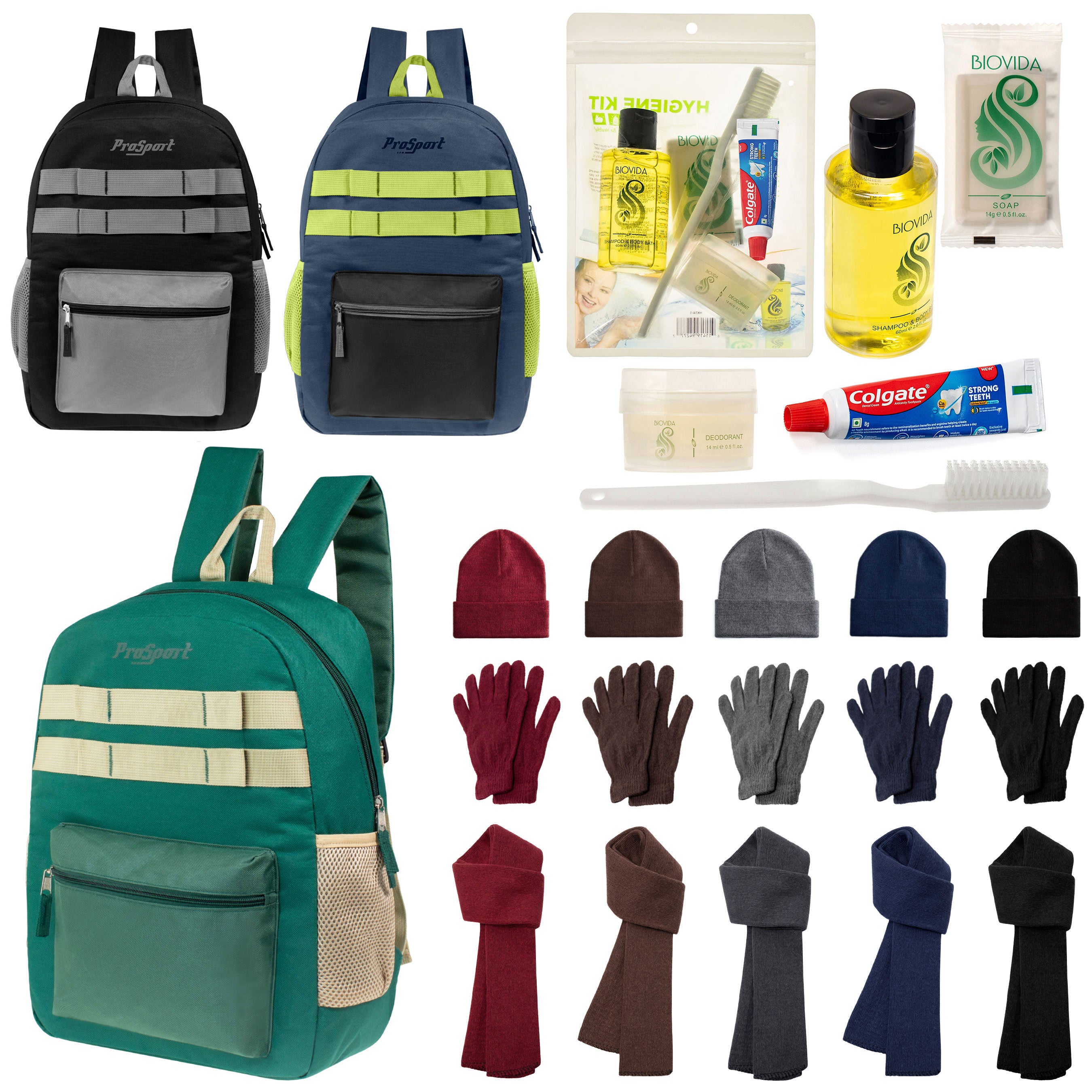 12 Durable 17" Multi- Color Backpacks, 12 Winter Item Sets & Your Choice of 12 Bulk Hygiene Kits - Wholesale Homeless Care Package