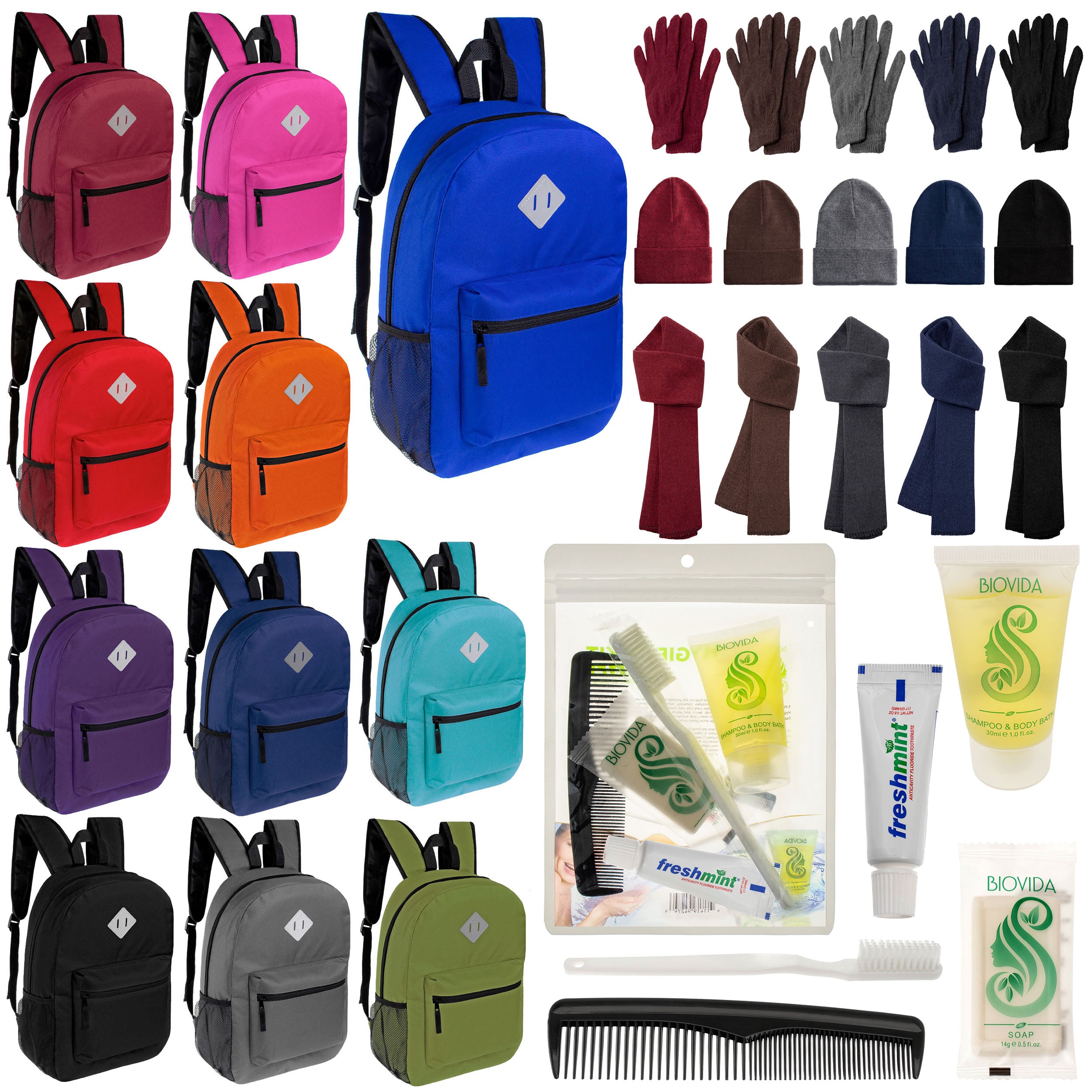 12 Diamond Patch 17" Backpacks, 12 Winter Item Sets & Your Choice of 12 Bulk Hygiene Kits - Wholesale Homeless Care Package