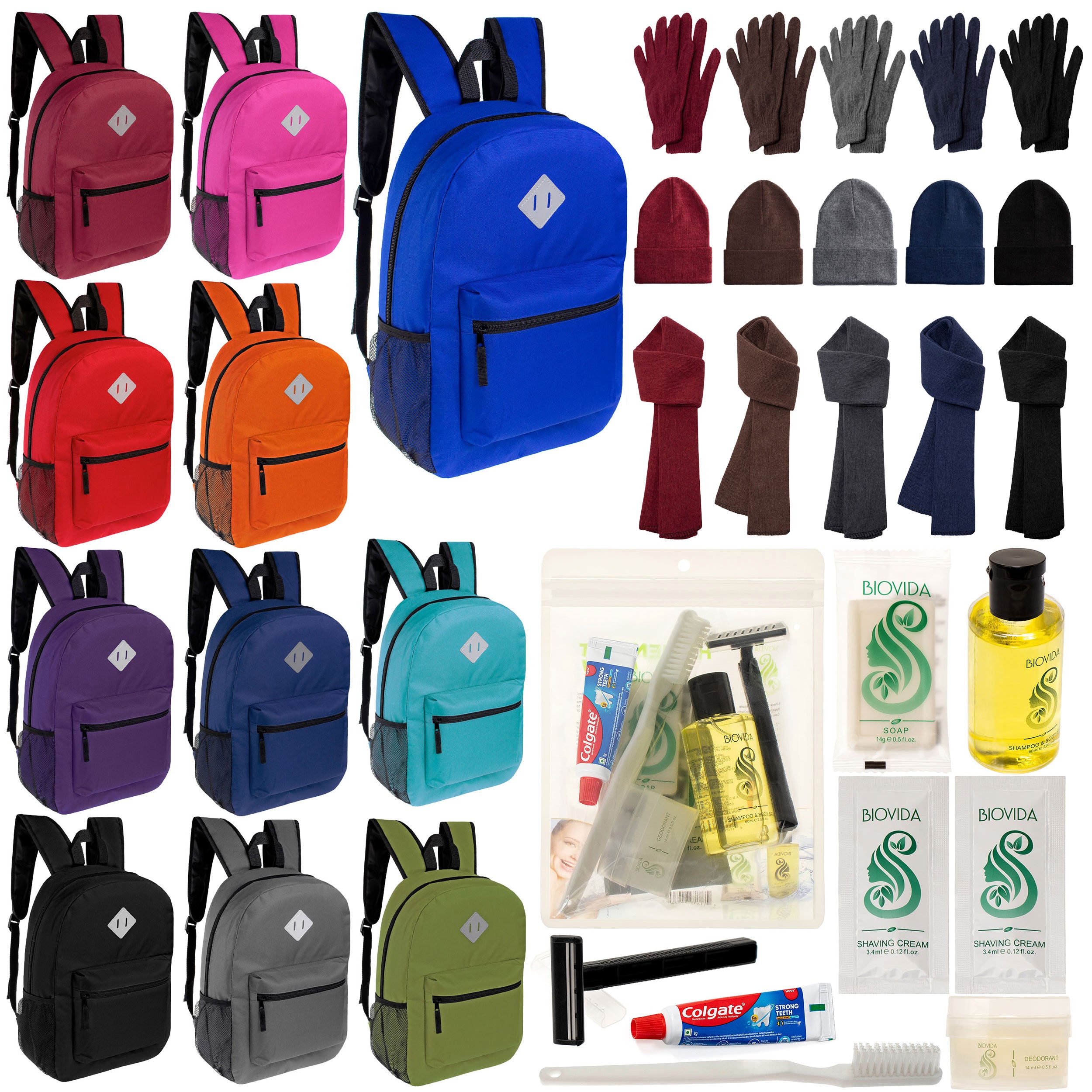 12 Diamond Patch 17" Backpacks, 12 Winter Item Sets & Your Choice of 12 Bulk Hygiene Kits - Wholesale Homeless Care Package