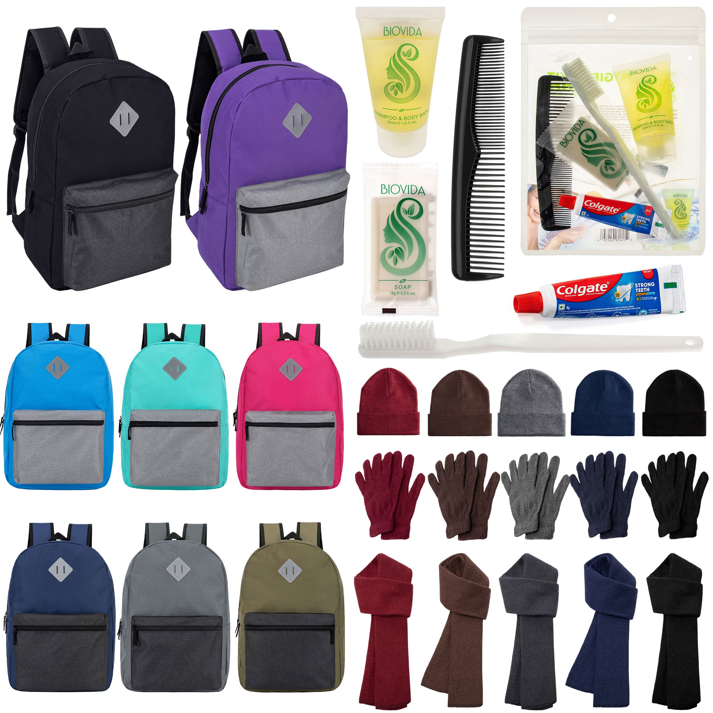 12 Multi Color Diamond Patch 17" Backpacks, 12 Winter Item Sets & Your Choice of 12 Bulk Hygiene Kits - Wholesale Homeless Care Package