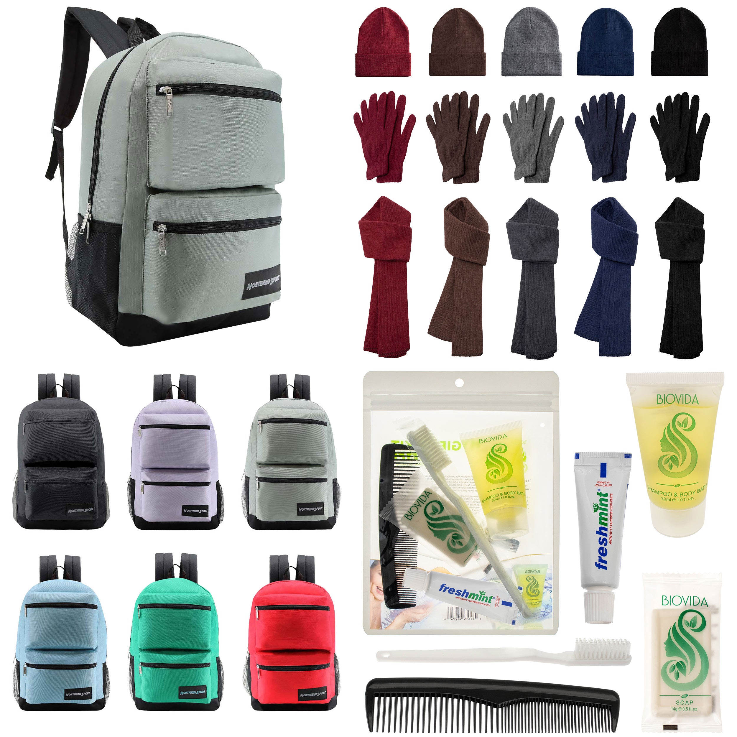 12 Premium 19" Backpacks in 4 Colors, 12 Winter Item Sets & Your Choice of 12 Bulk Hygiene Kits - Wholesale Homeless Care Package