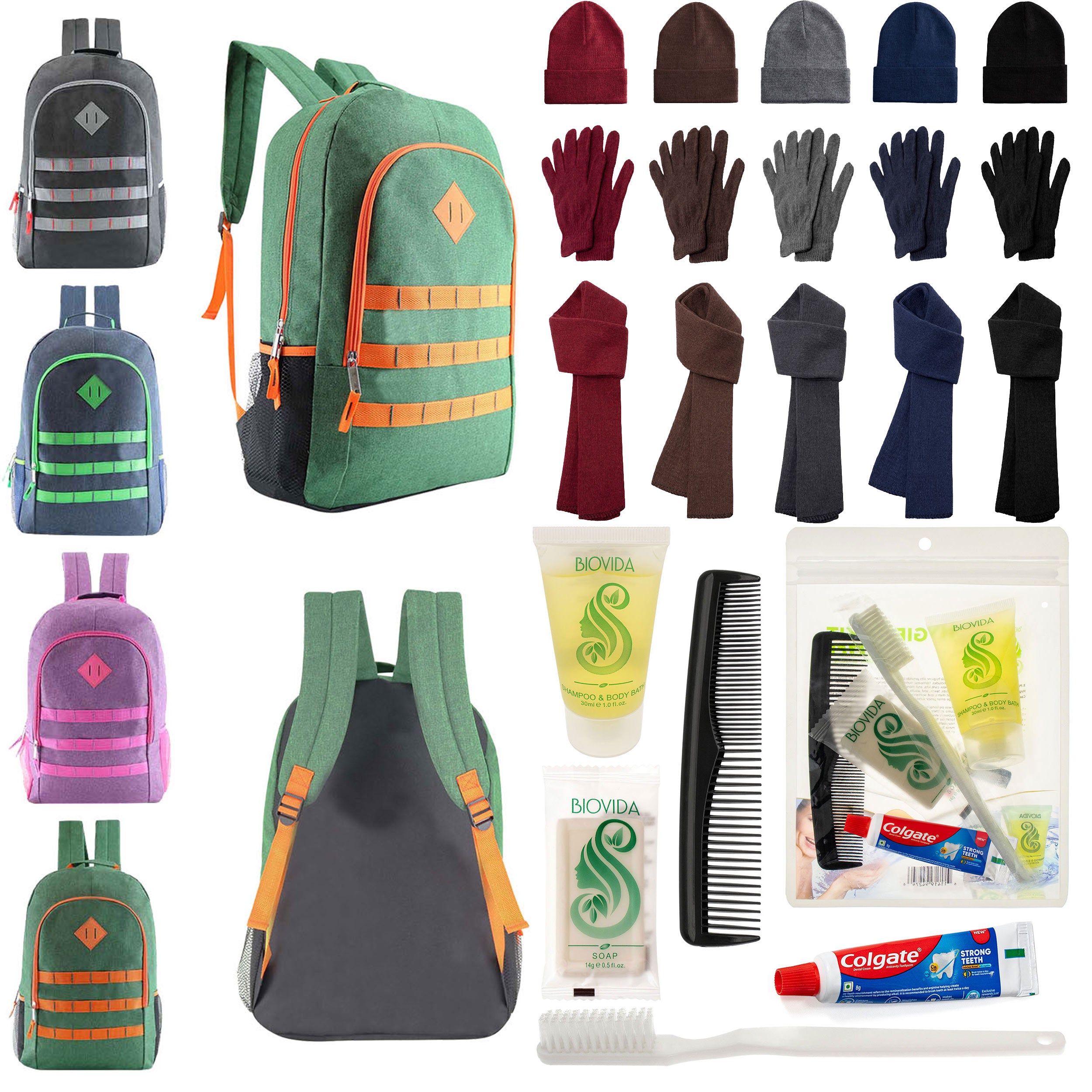12 Deluxe 19" Backpacks in 4 Colors, 12 Winter Item Sets & Your Choice of 12 Bulk Hygiene Kits - Wholesale Homeless Care Package