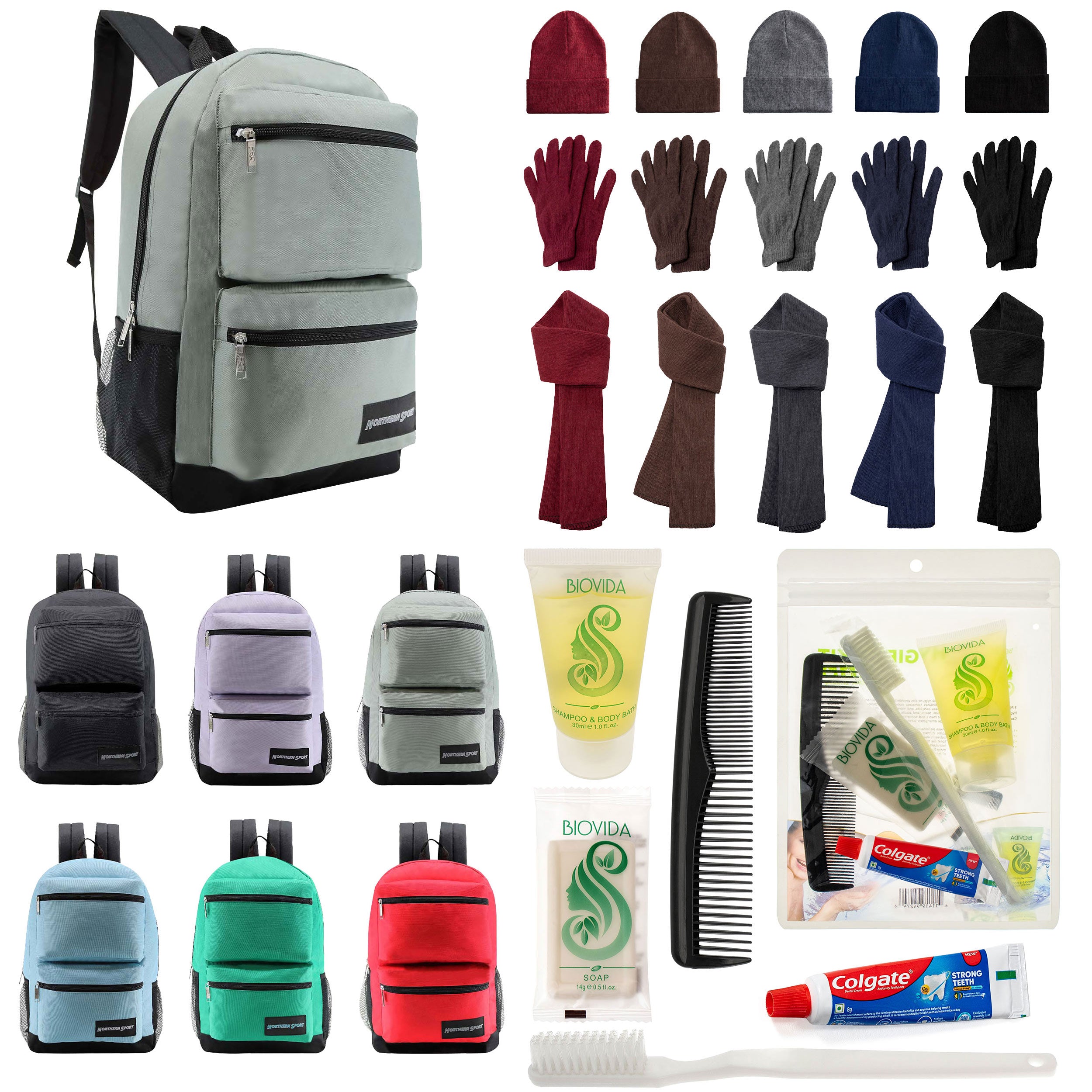 12 Premium 19" Backpacks in 4 Colors, 12 Winter Item Sets & Your Choice of 12 Bulk Hygiene Kits - Wholesale Homeless Care Package